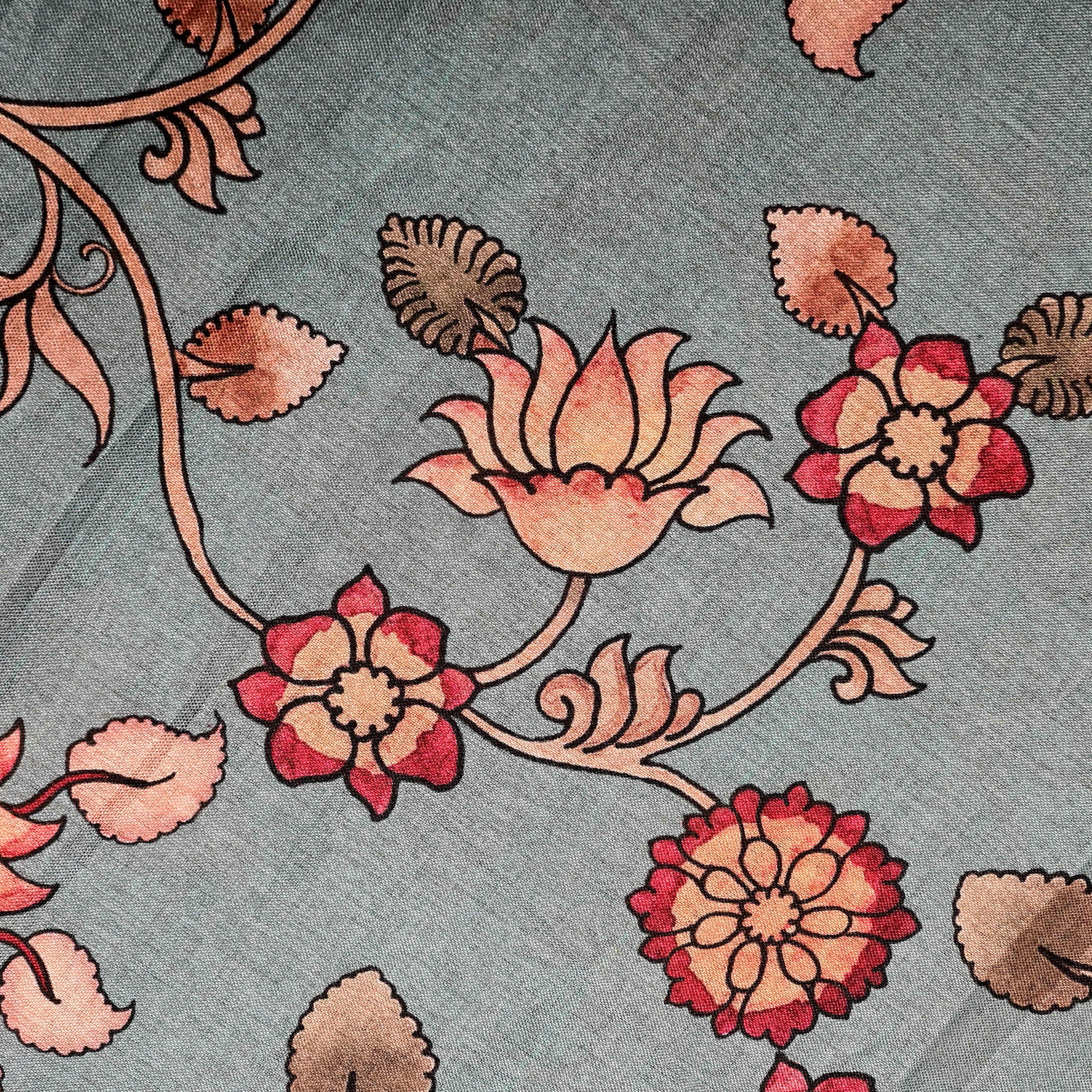 Soft Cyan Tussar Fabric With Digital Print