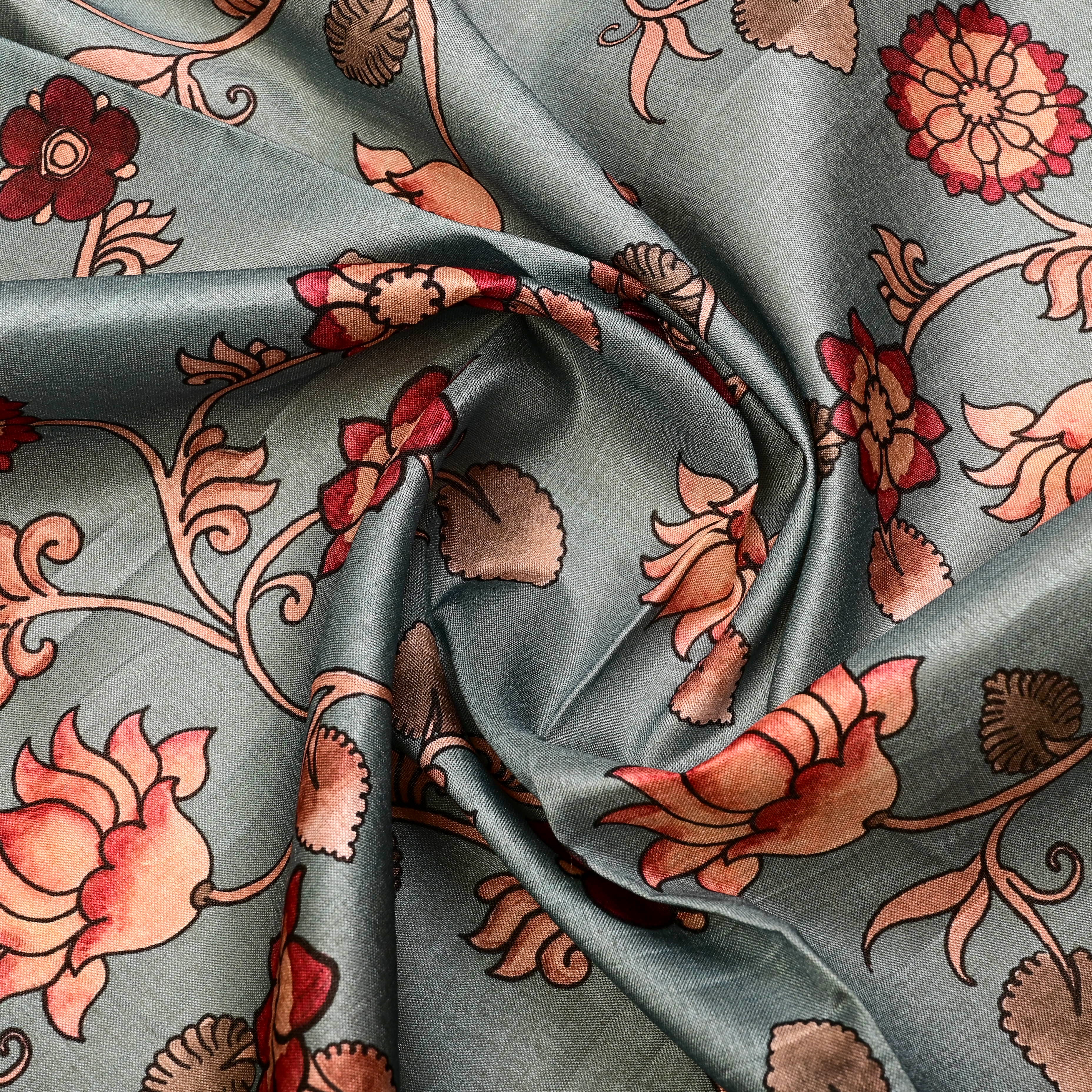 Soft Cyan Tussar Fabric With Digital Print