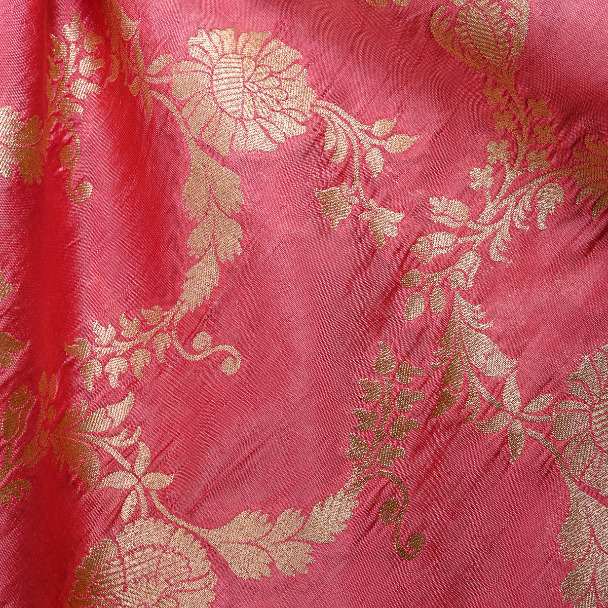 Coral Pink Gold Zari Floral Vine Jamawar Silk Fabric