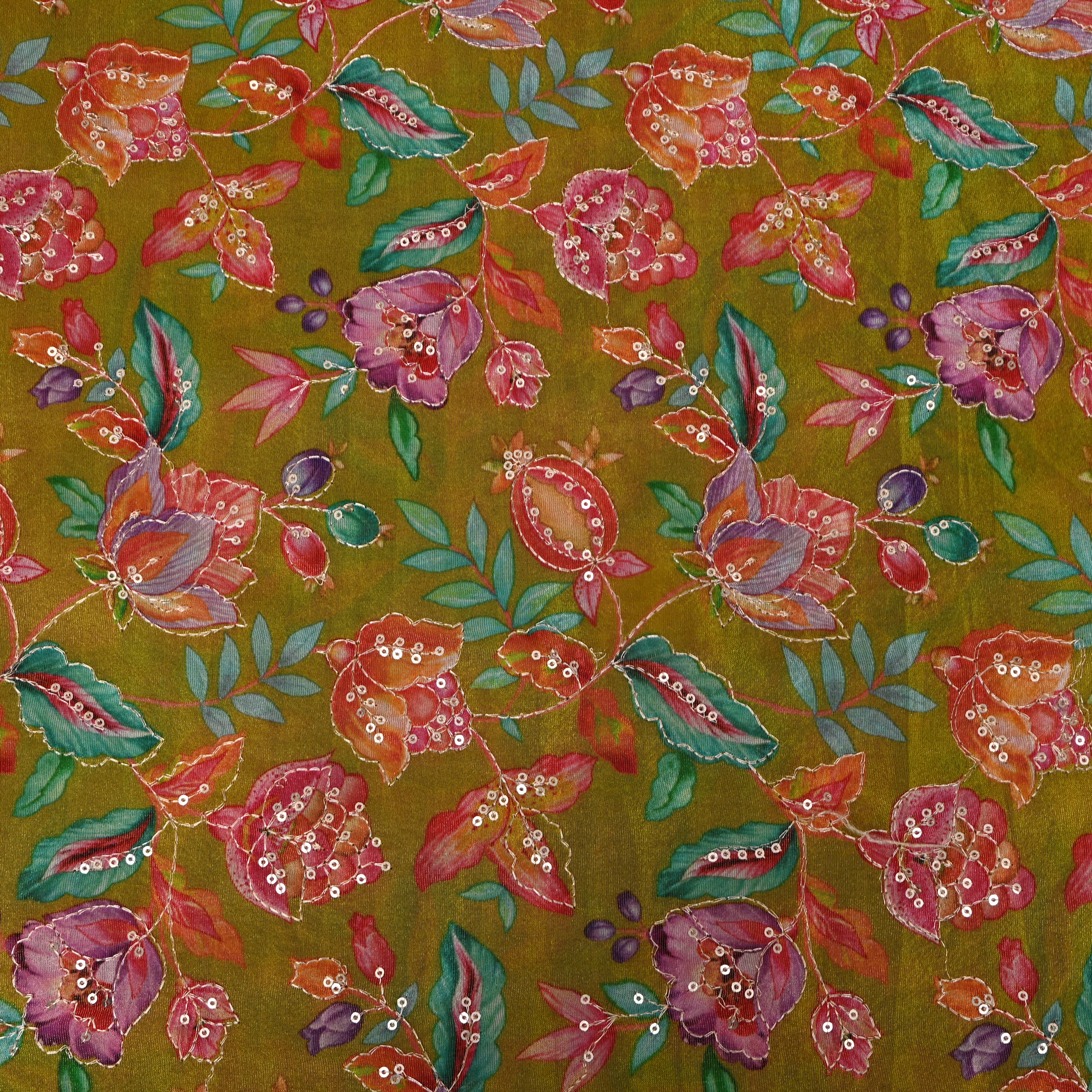 Olive Green Multicolour Leaf Sequin Thread Work Tissue Fabric