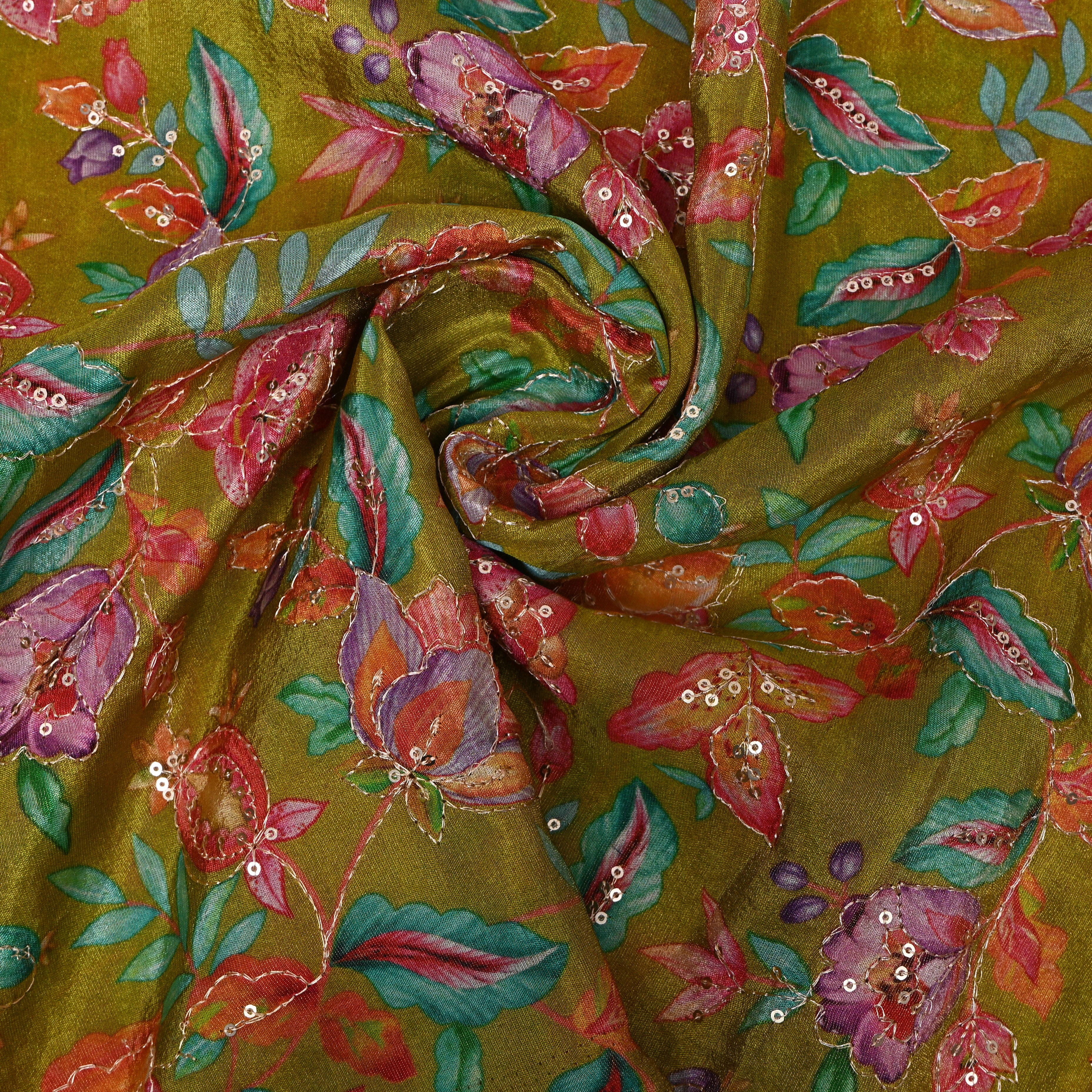 Olive Green Multicolour Leaf Sequin Thread Work Tissue Fabric