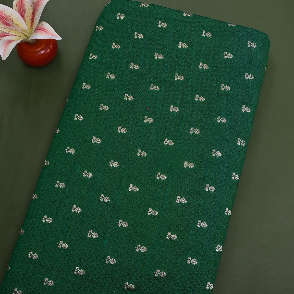 Bottle Green Silver Zari Butti Self Weave Jamawar Silk Fabric