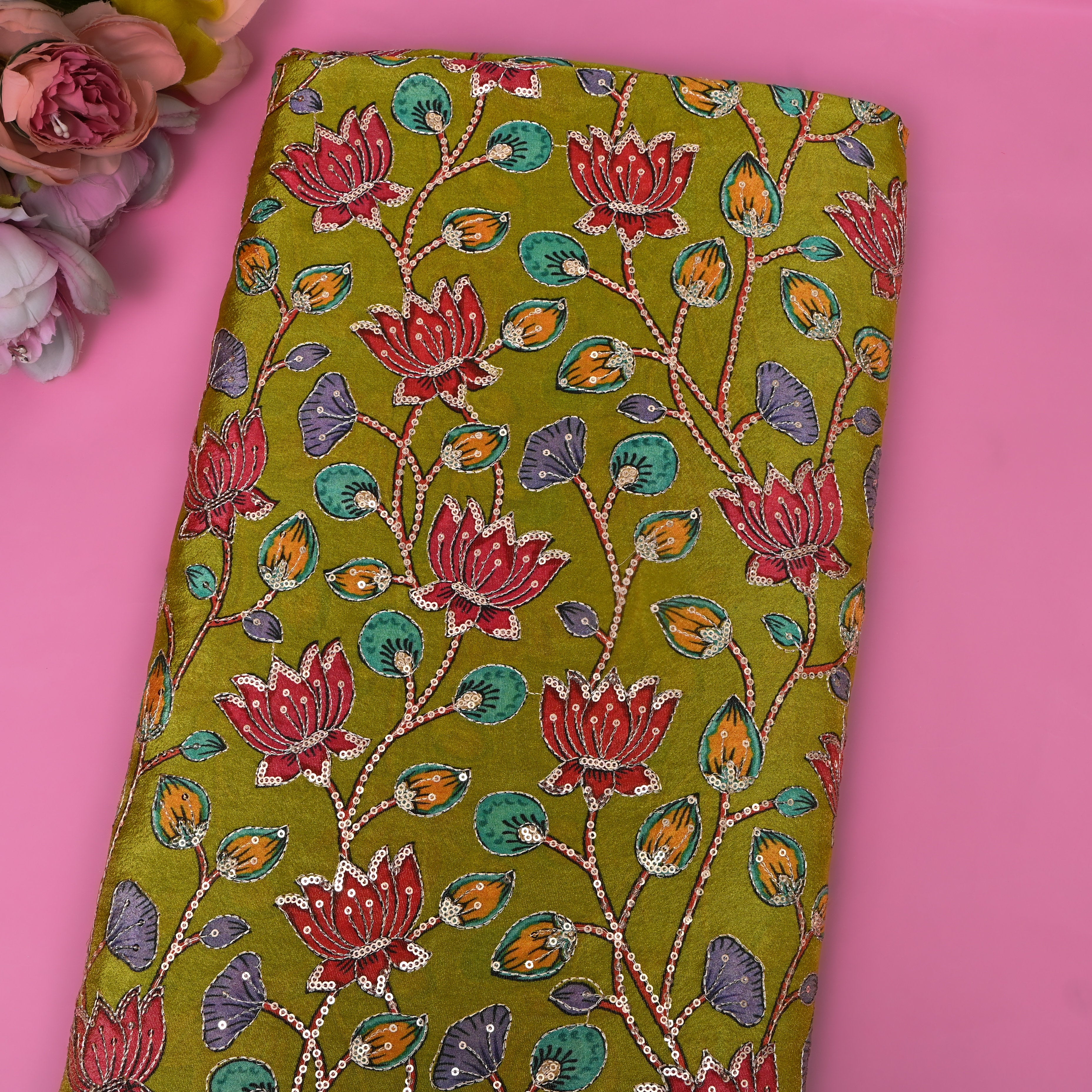 Olive Green Sequin Floral Tissue Fabric
