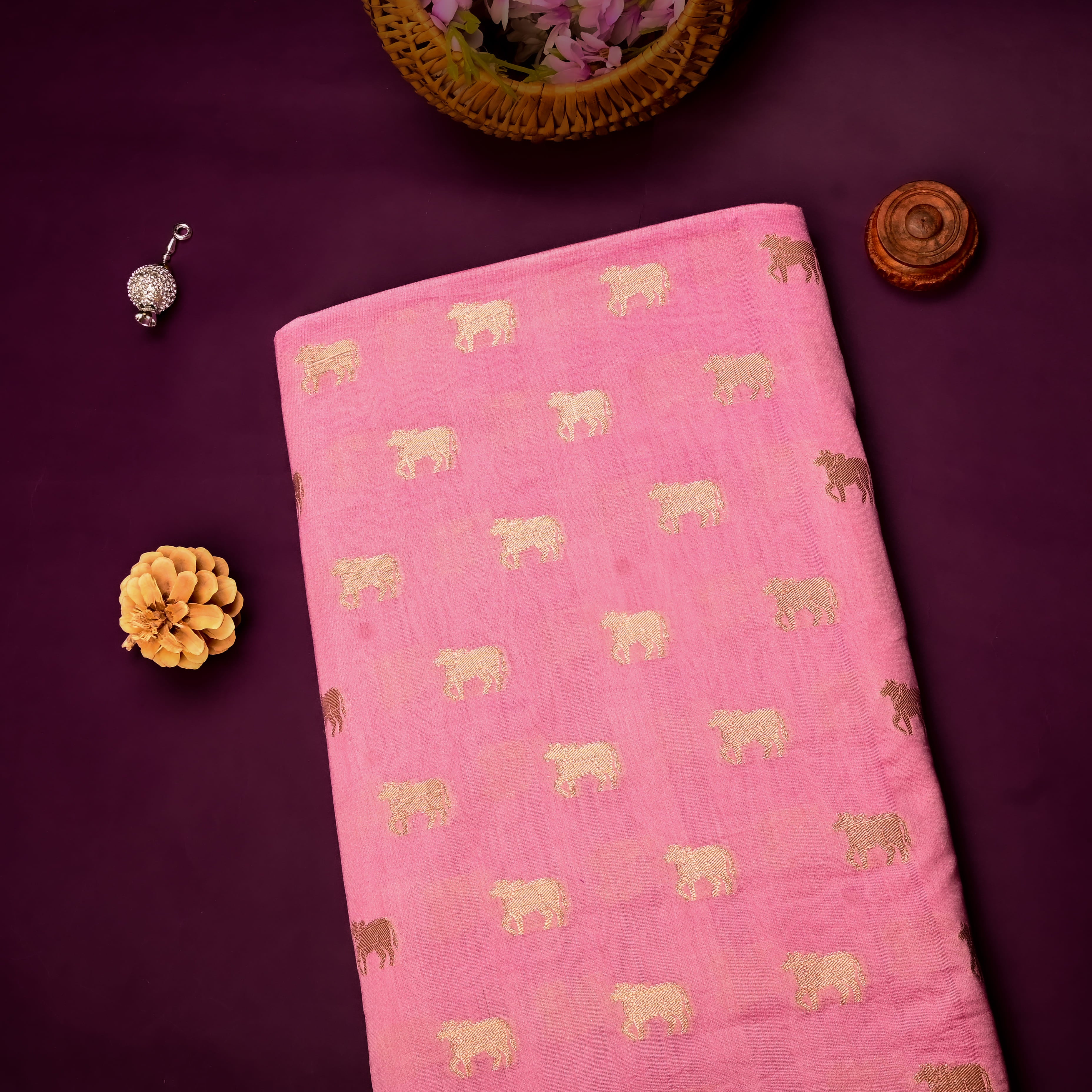Watermelon Pink Banarasi Fabric With Golden Butti'S
