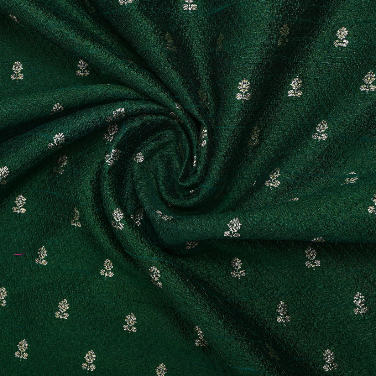 Bottle Green Silver Zari Butti Self Weave Jamawar Silk Fabric