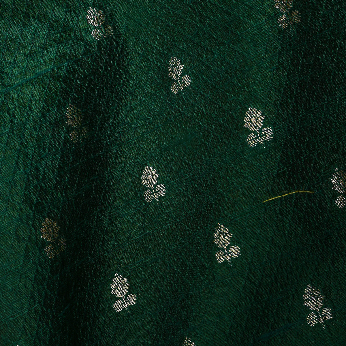Bottle Green Silver Zari Butti Self Weave Jamawar Silk Fabric