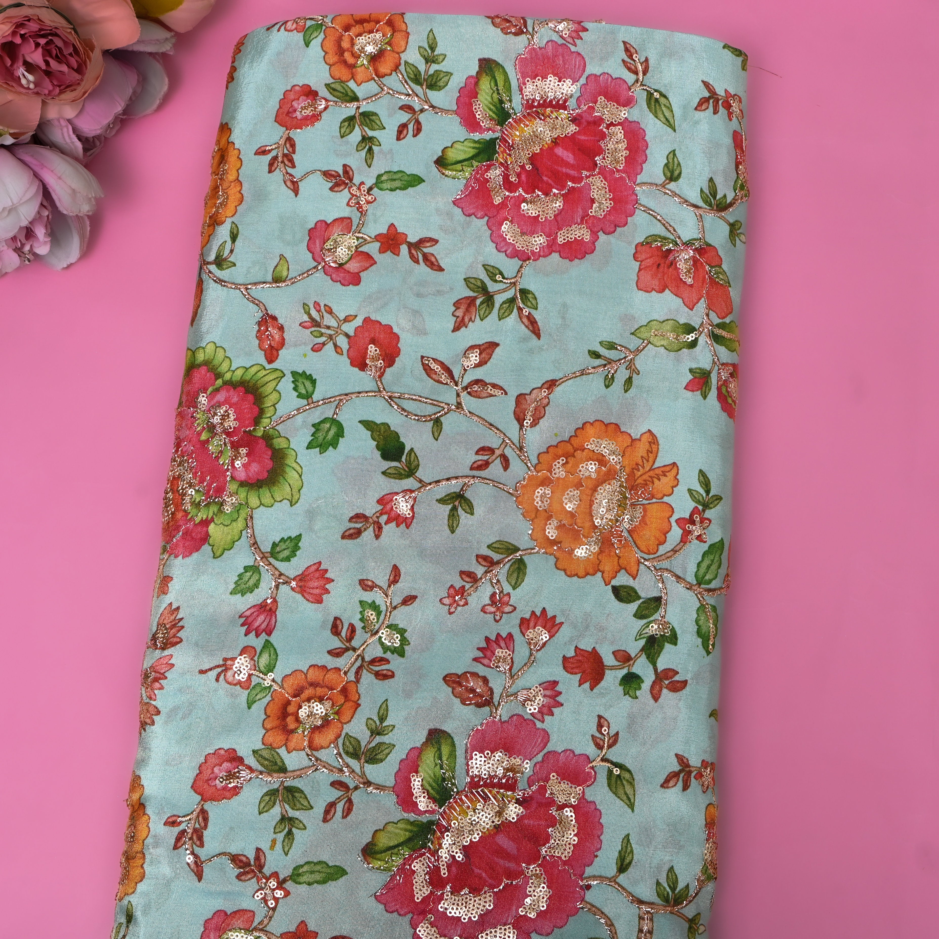 Blue Multicolour Floral Sequin Thread Work Fabric