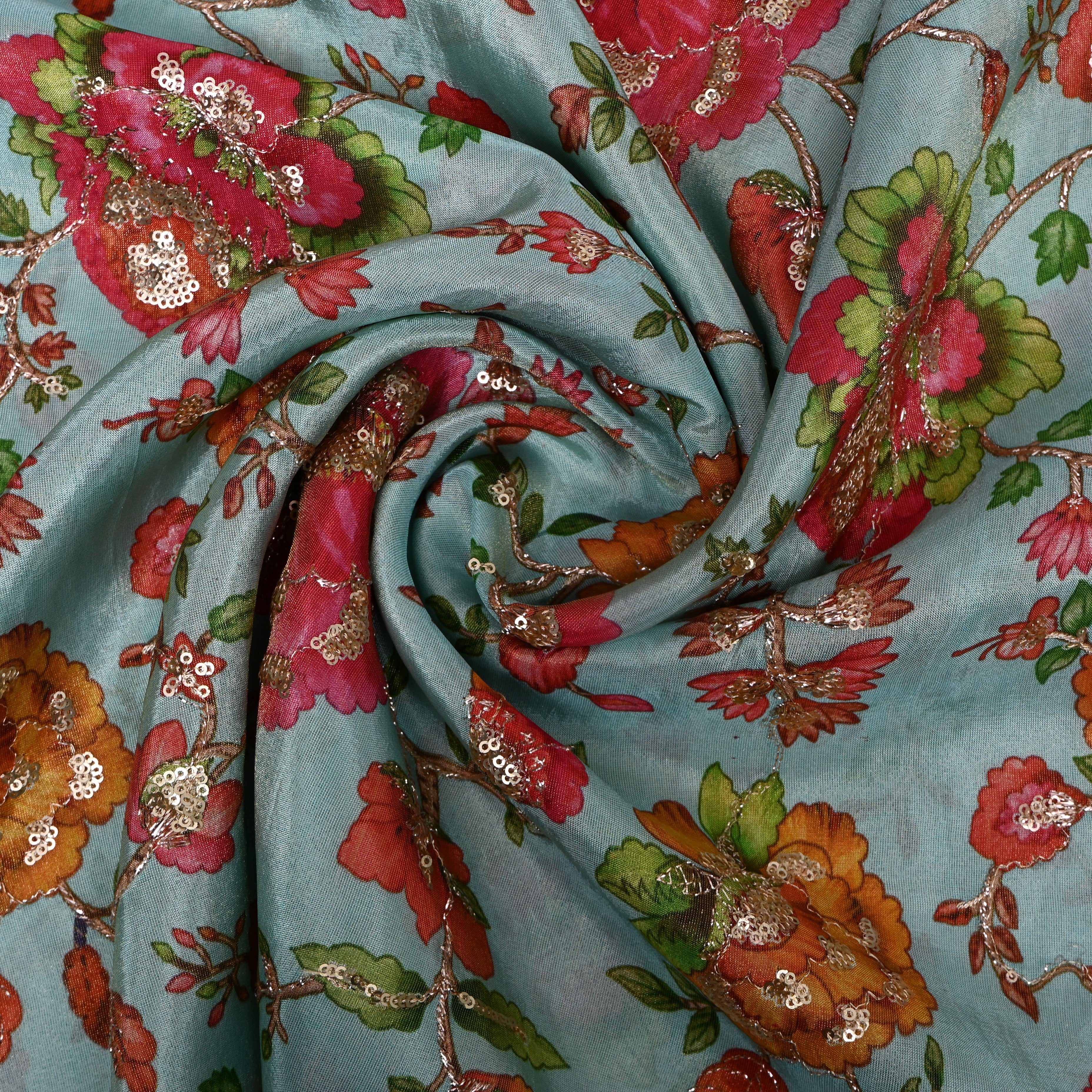 Blue Multicolour Floral Sequin Thread Work Fabric