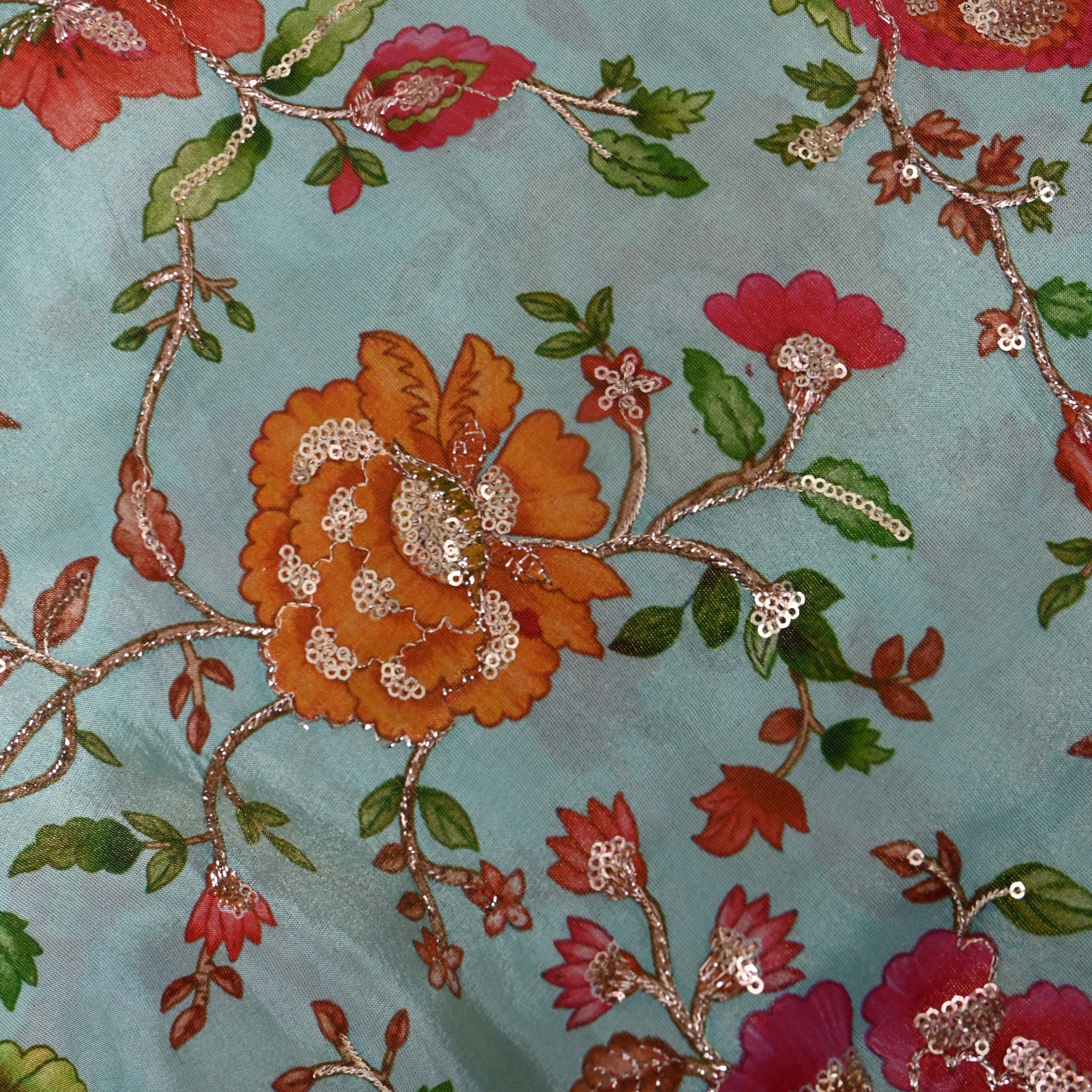 Blue Multicolour Floral Sequin Thread Work Fabric