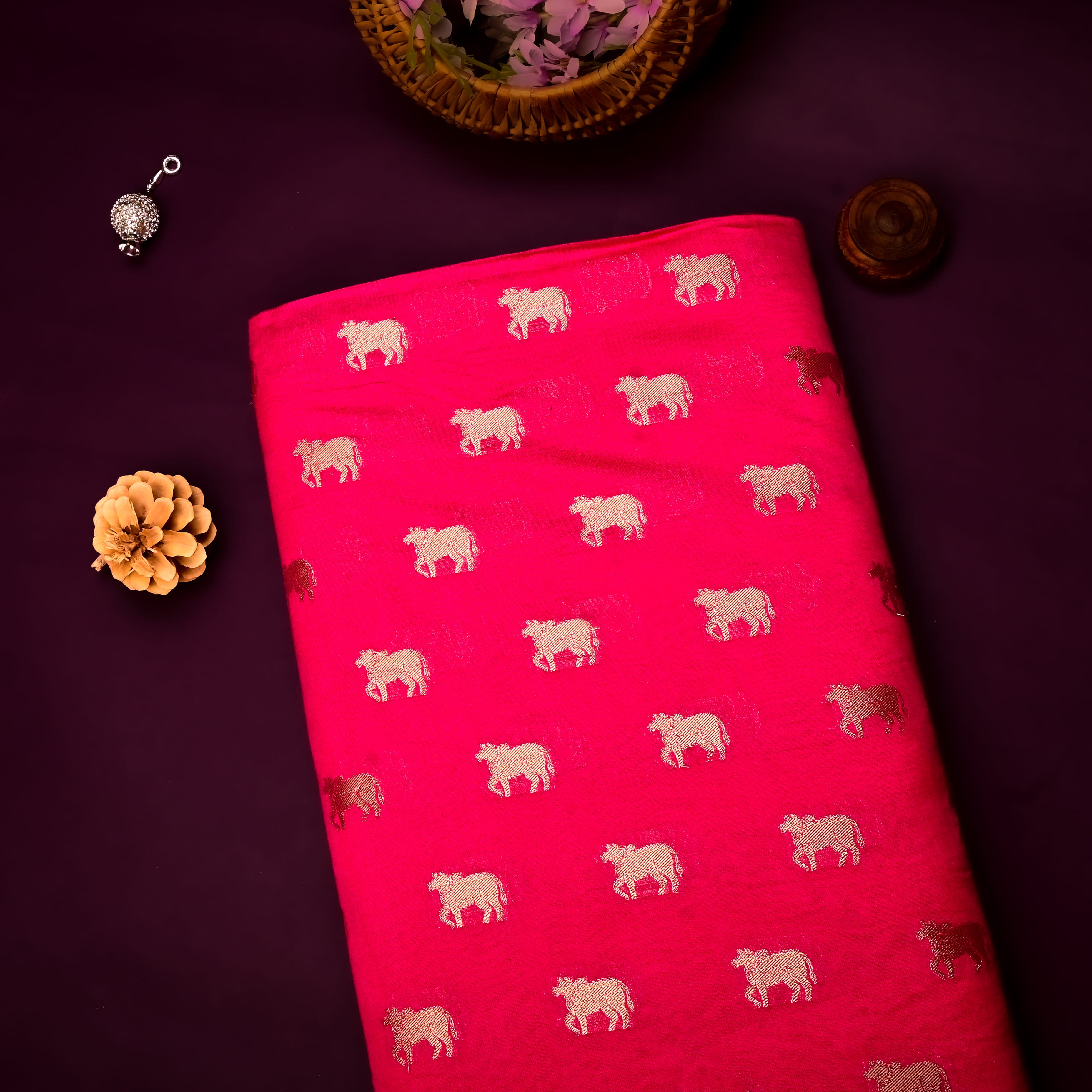 Hot Pink Banarasi Fabric With Golden Butti'S