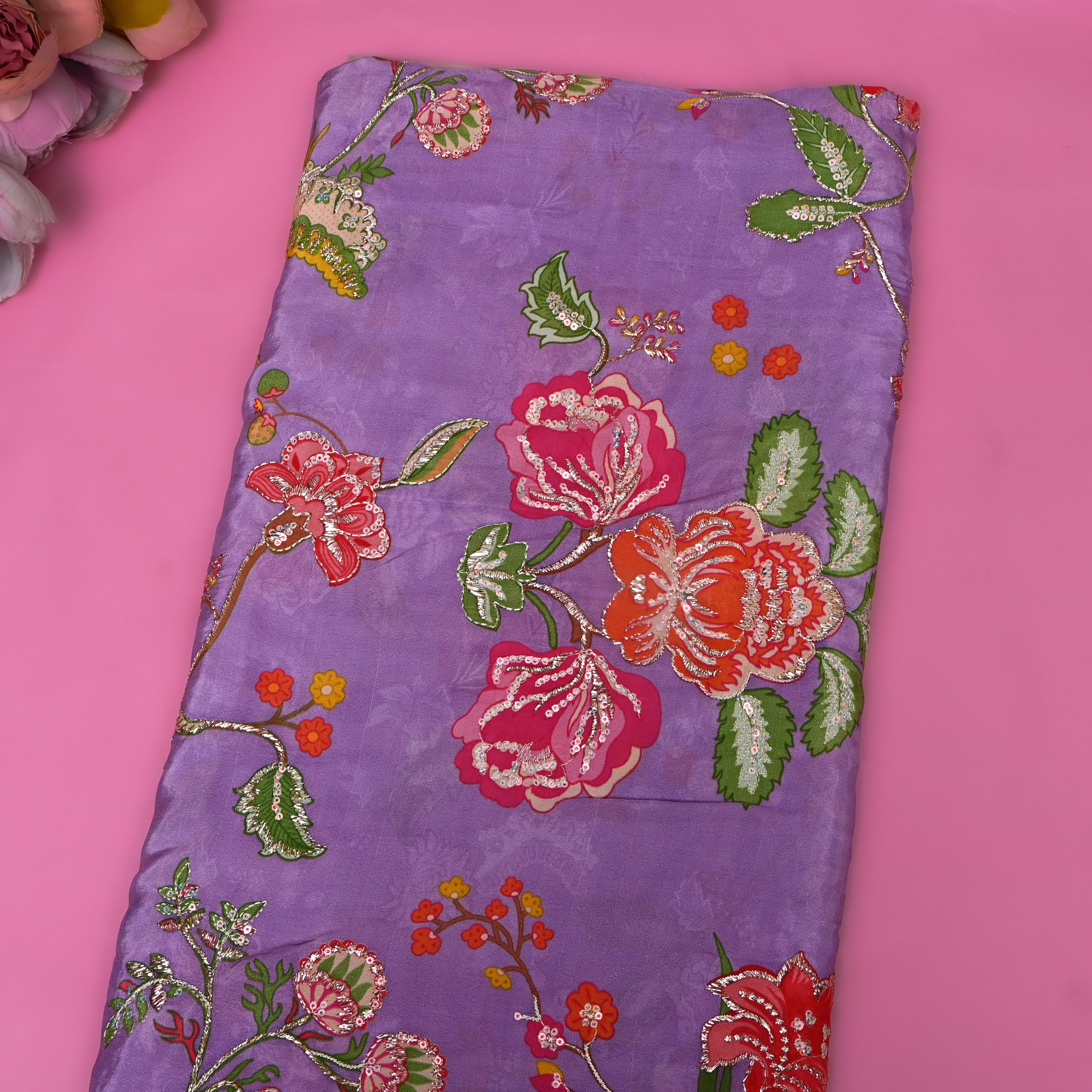 Lavender Multicolour Floral Sequin Embroidery Silk Fabric