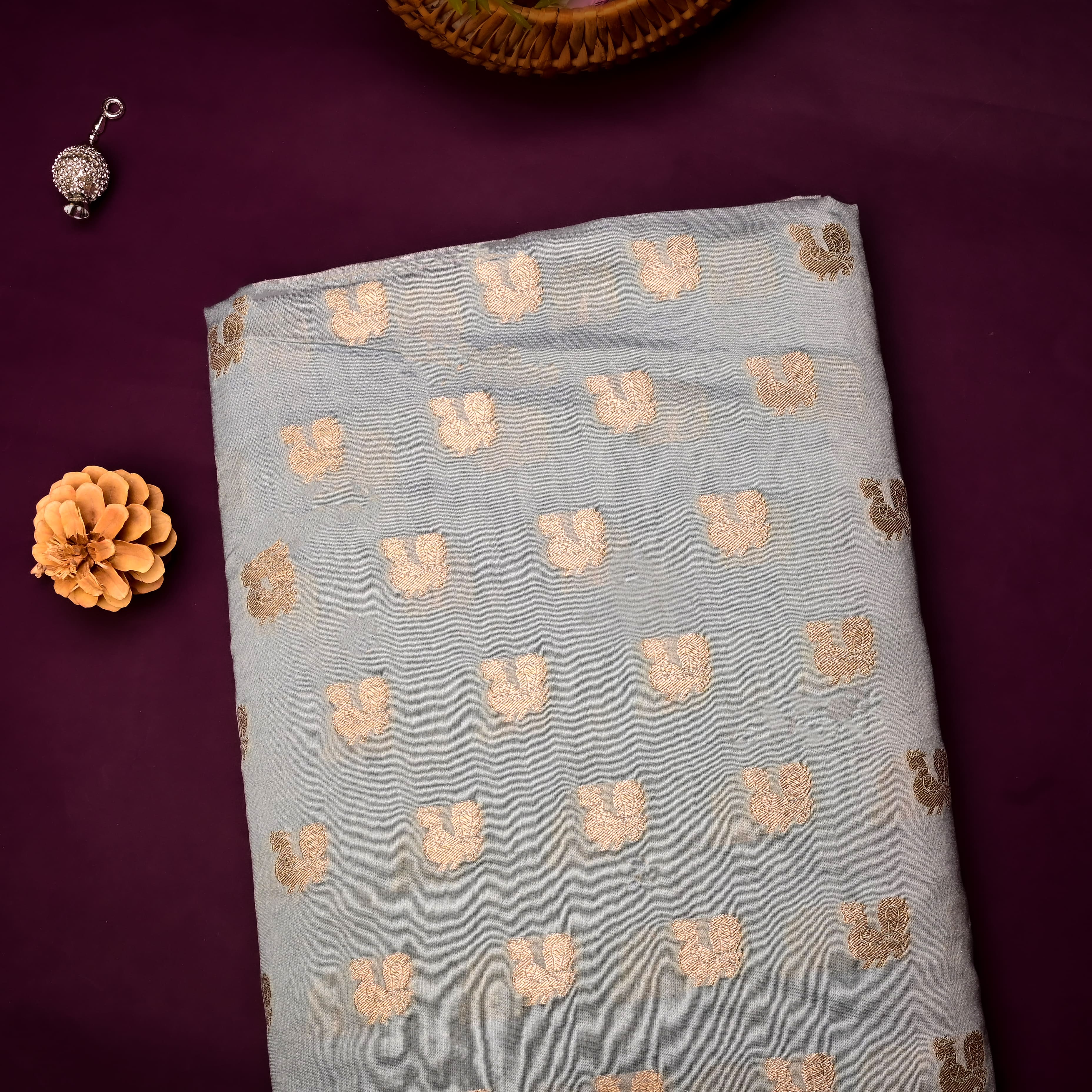 Slate Grey Banarasi Fabric With Golden Butti'S