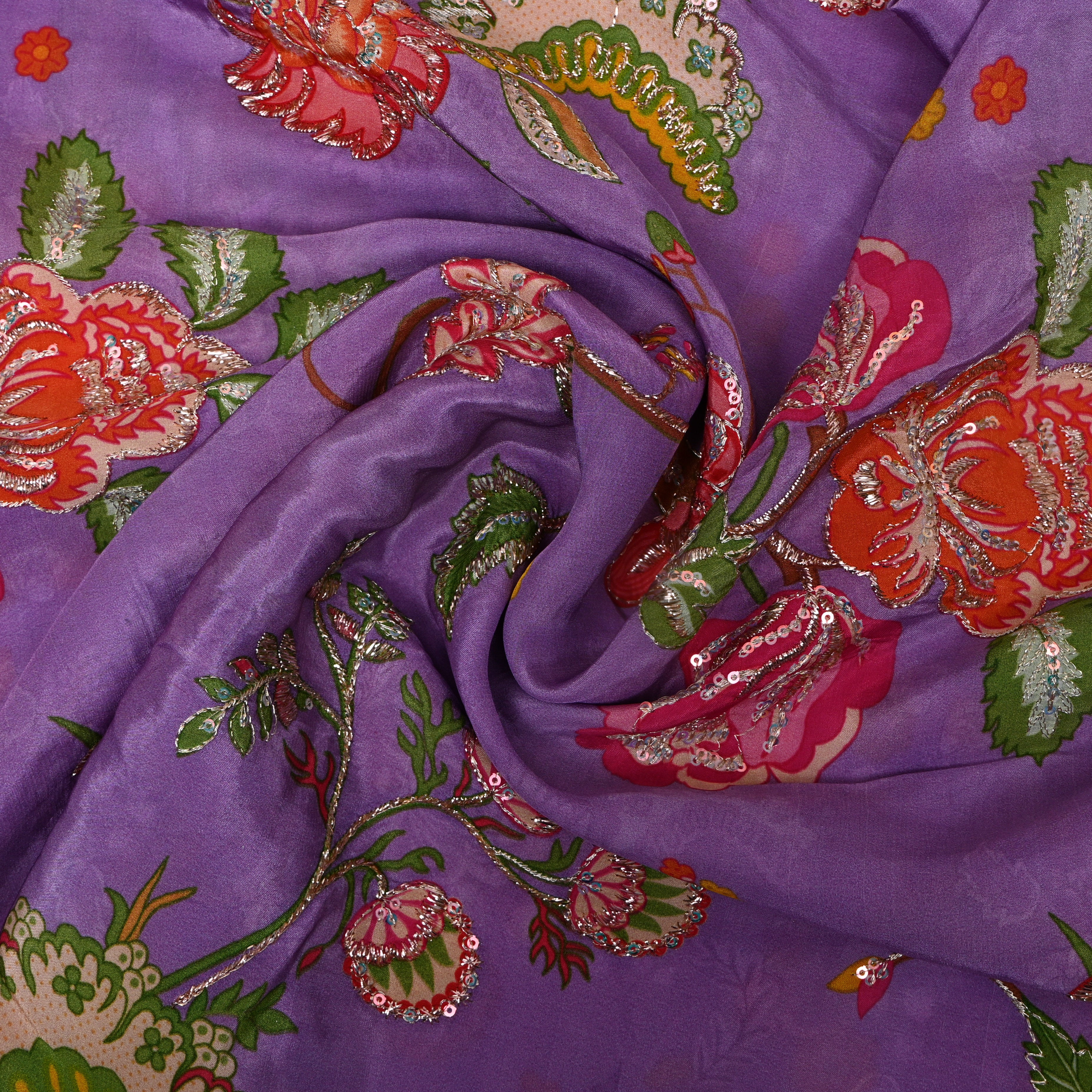 Lavender Multicolour Floral Sequin Embroidery Silk Fabric