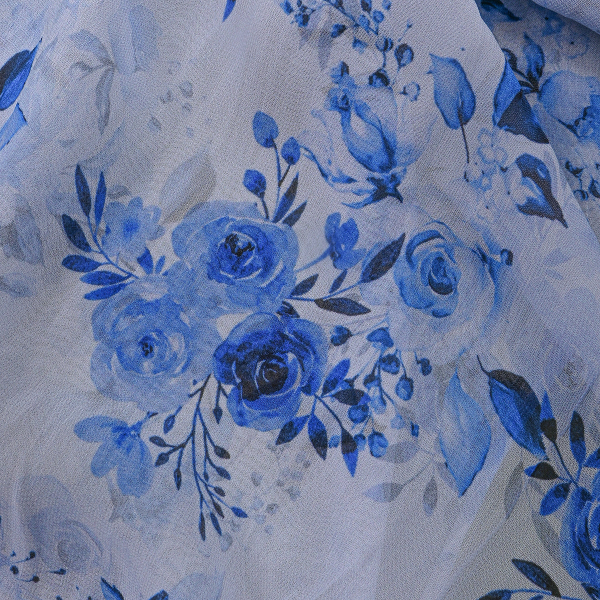 Mist White Blue Floral Digital Print Georgette Fabric