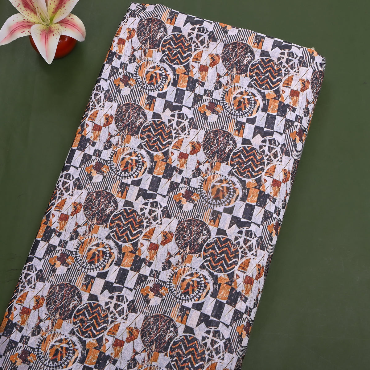 Pearl White Geometric Print Georgette Fabric
