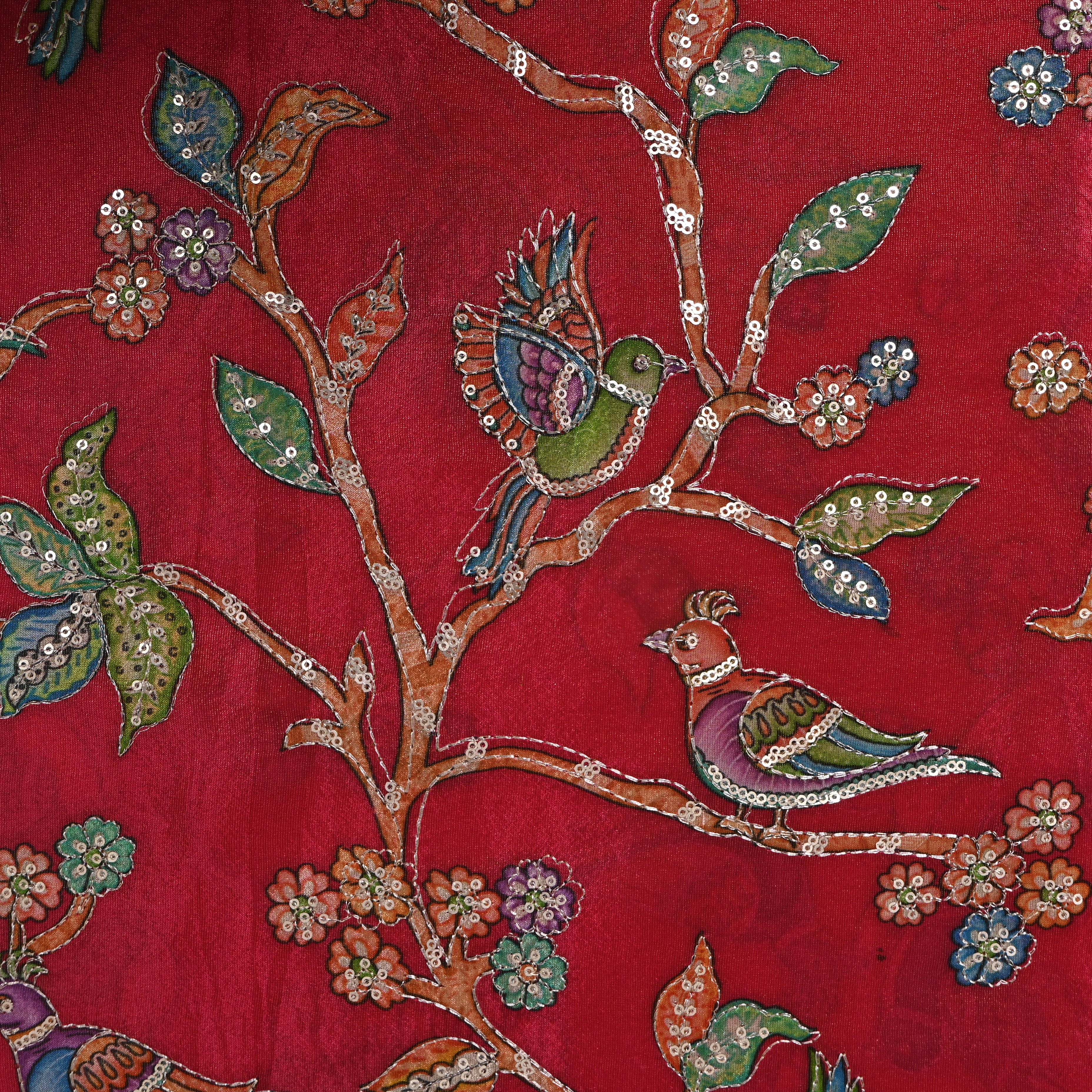 Deep Red Bird Floral Sequin Embroidery Tissue Fabric