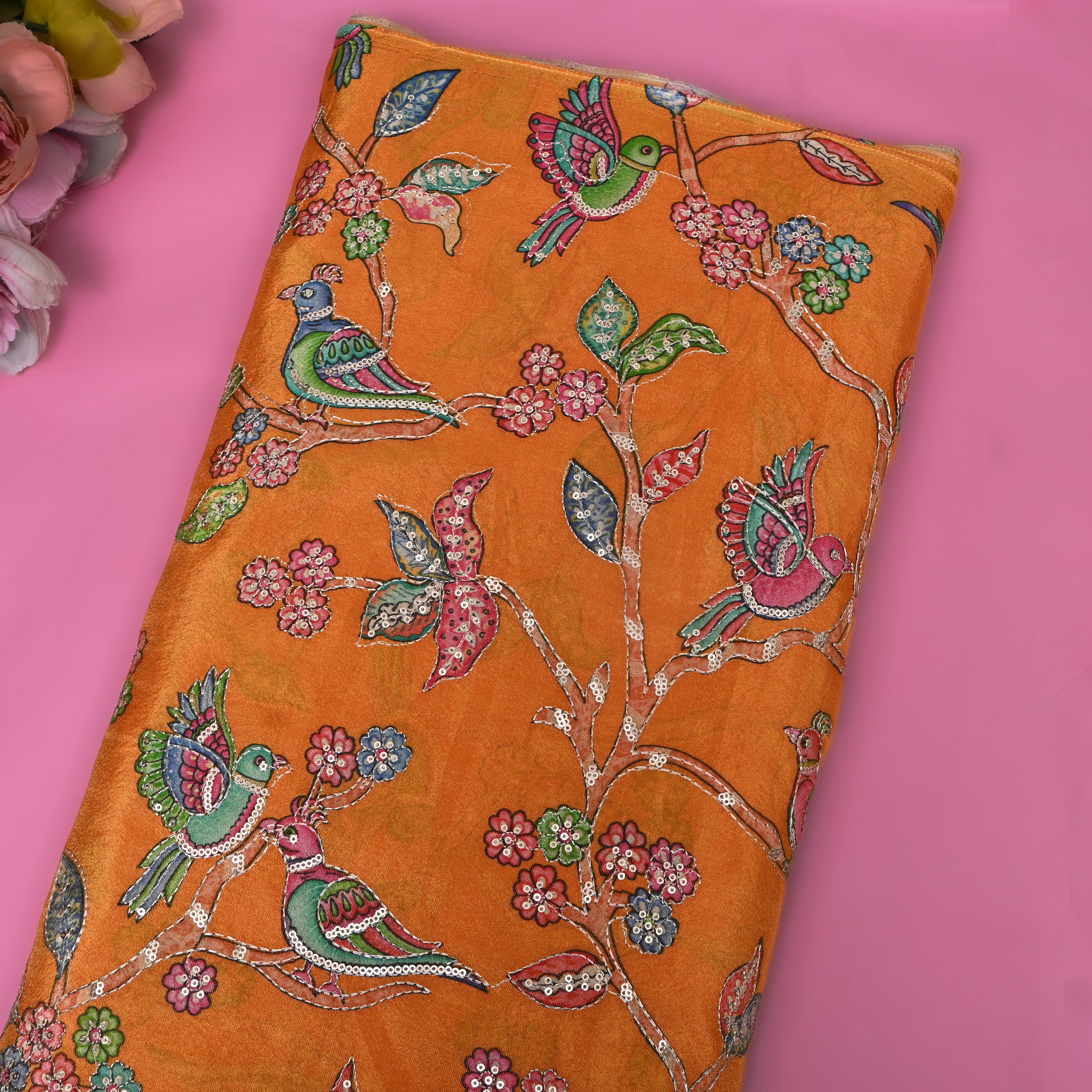Rust Orange Bird Floral Sequin Embroidery Tissue Fabric