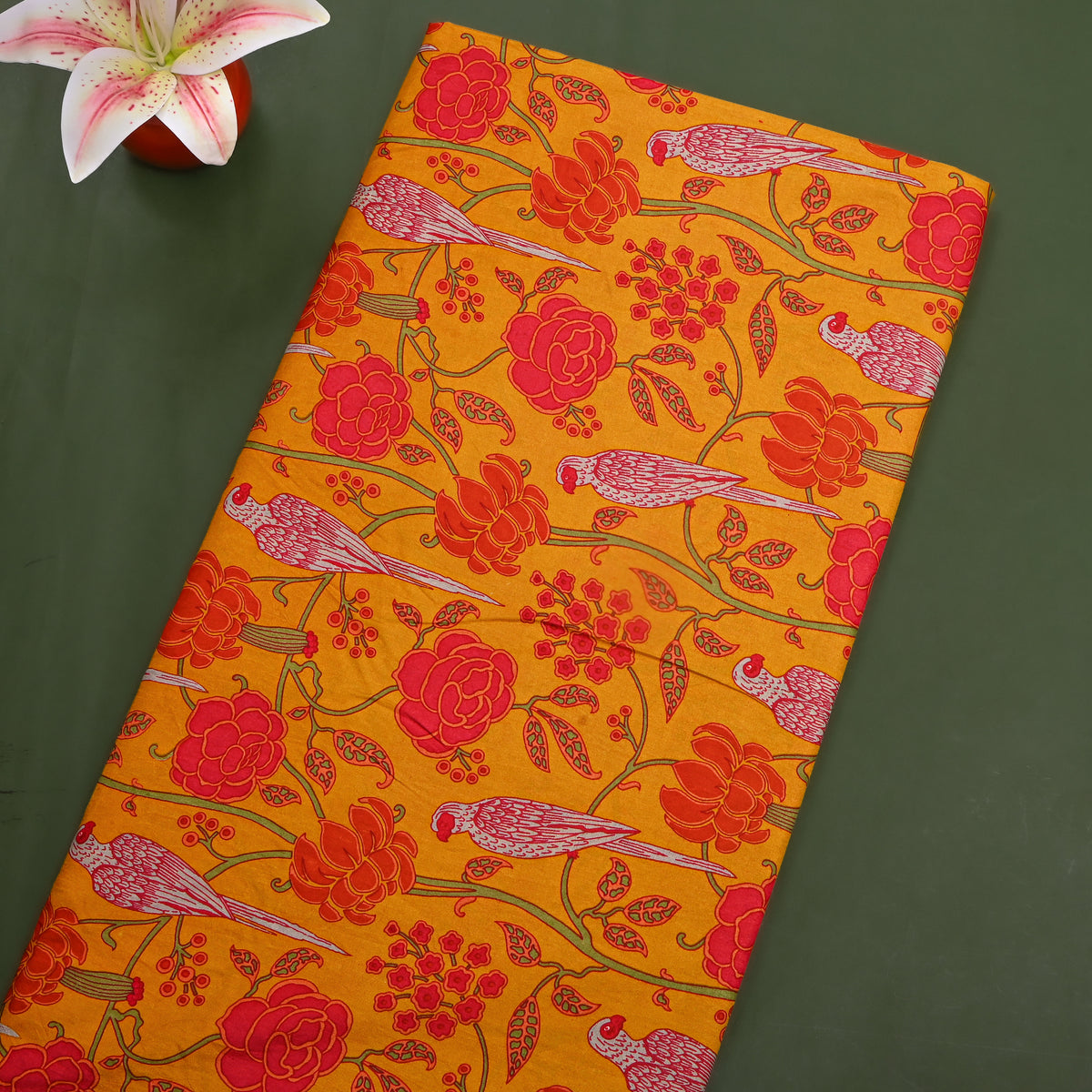 Saffron Parrot Rose Print Silk Fabric