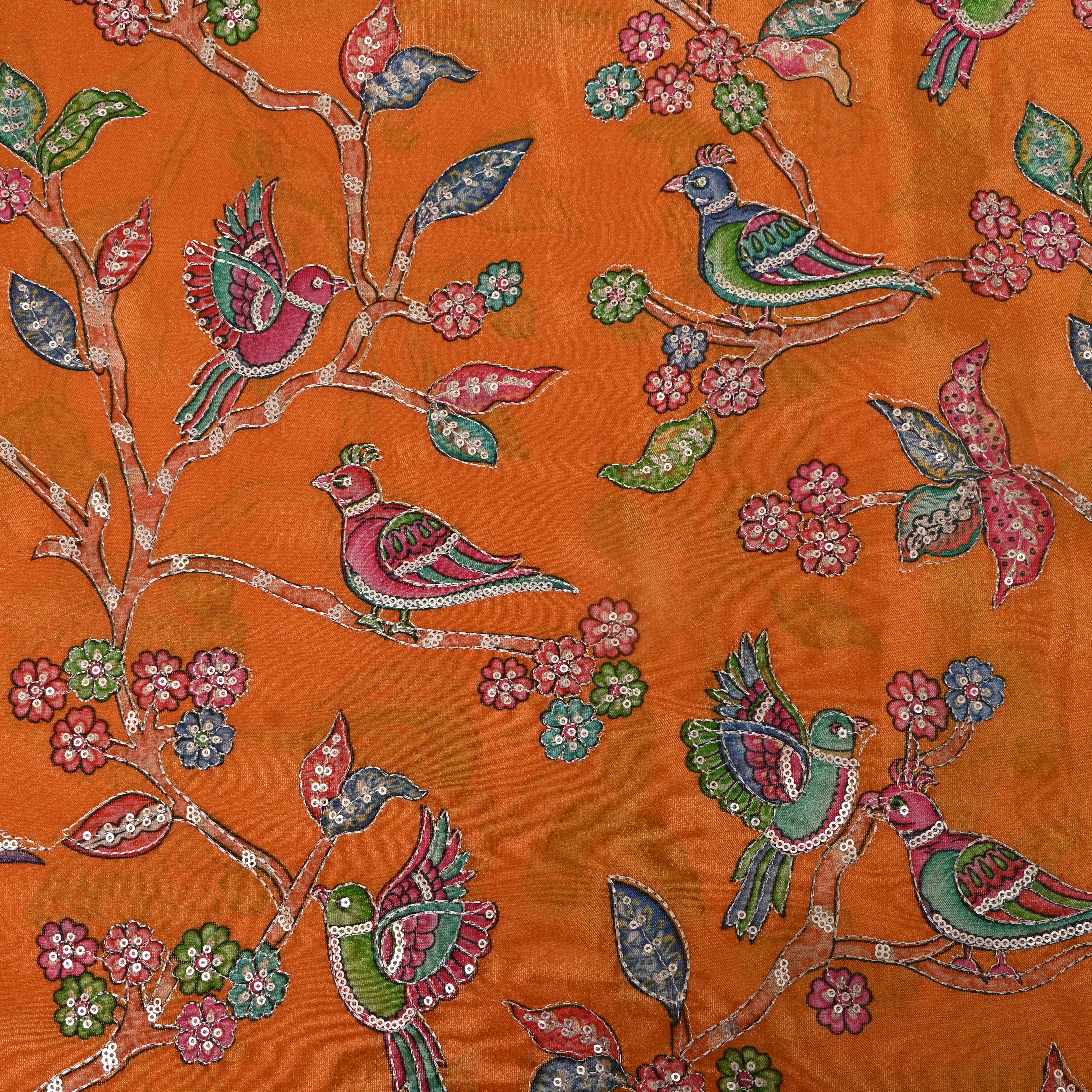 Rust Orange Bird Floral Sequin Embroidery Tissue Fabric