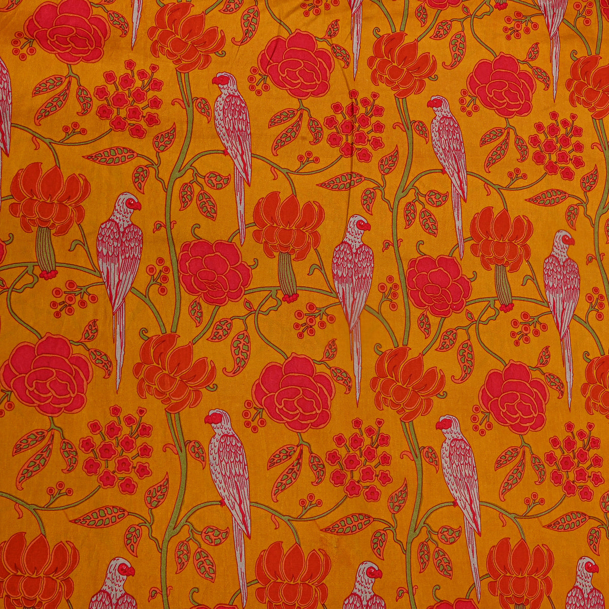 Saffron Parrot Rose Print Silk Fabric