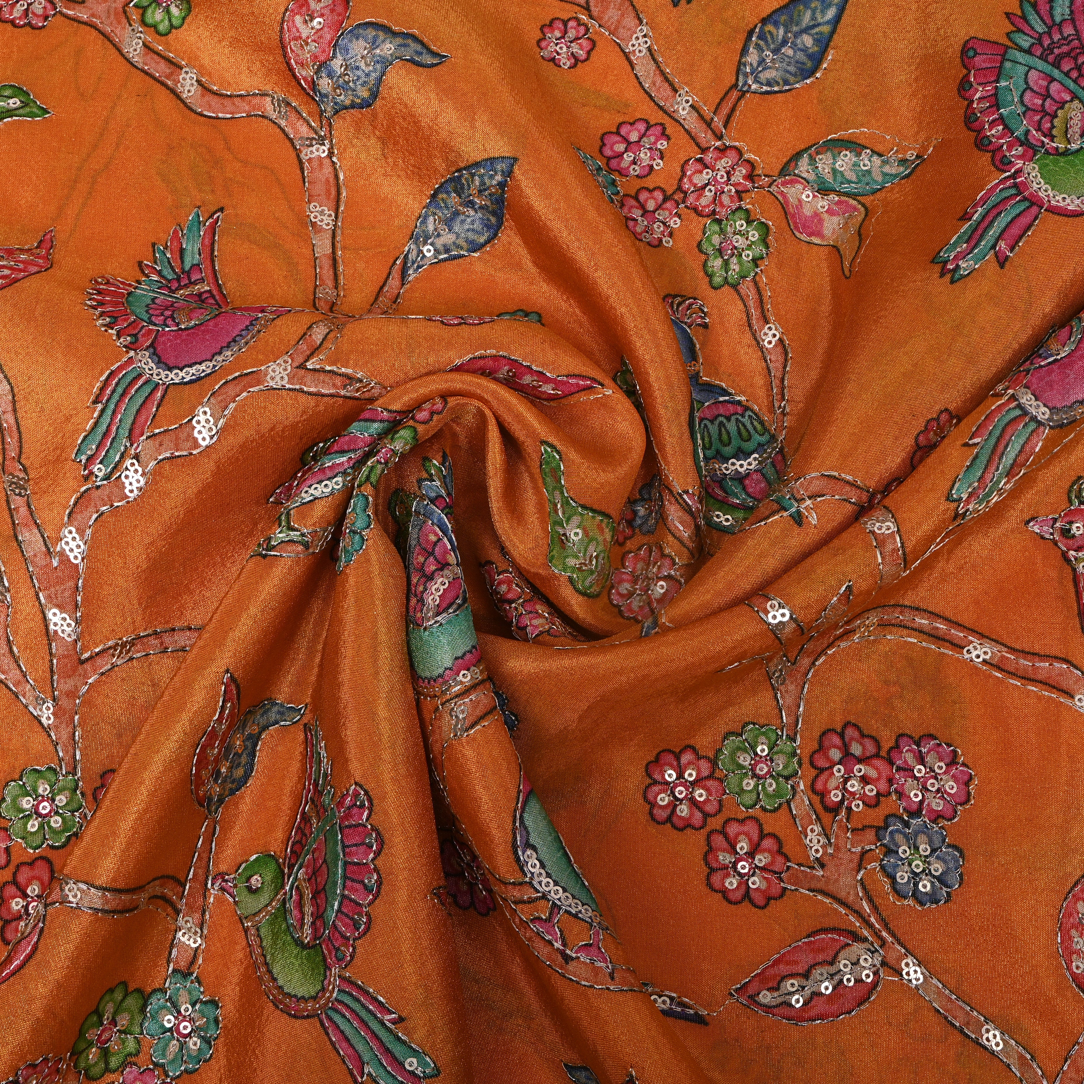 Rust Orange Bird Floral Sequin Embroidery Tissue Fabric