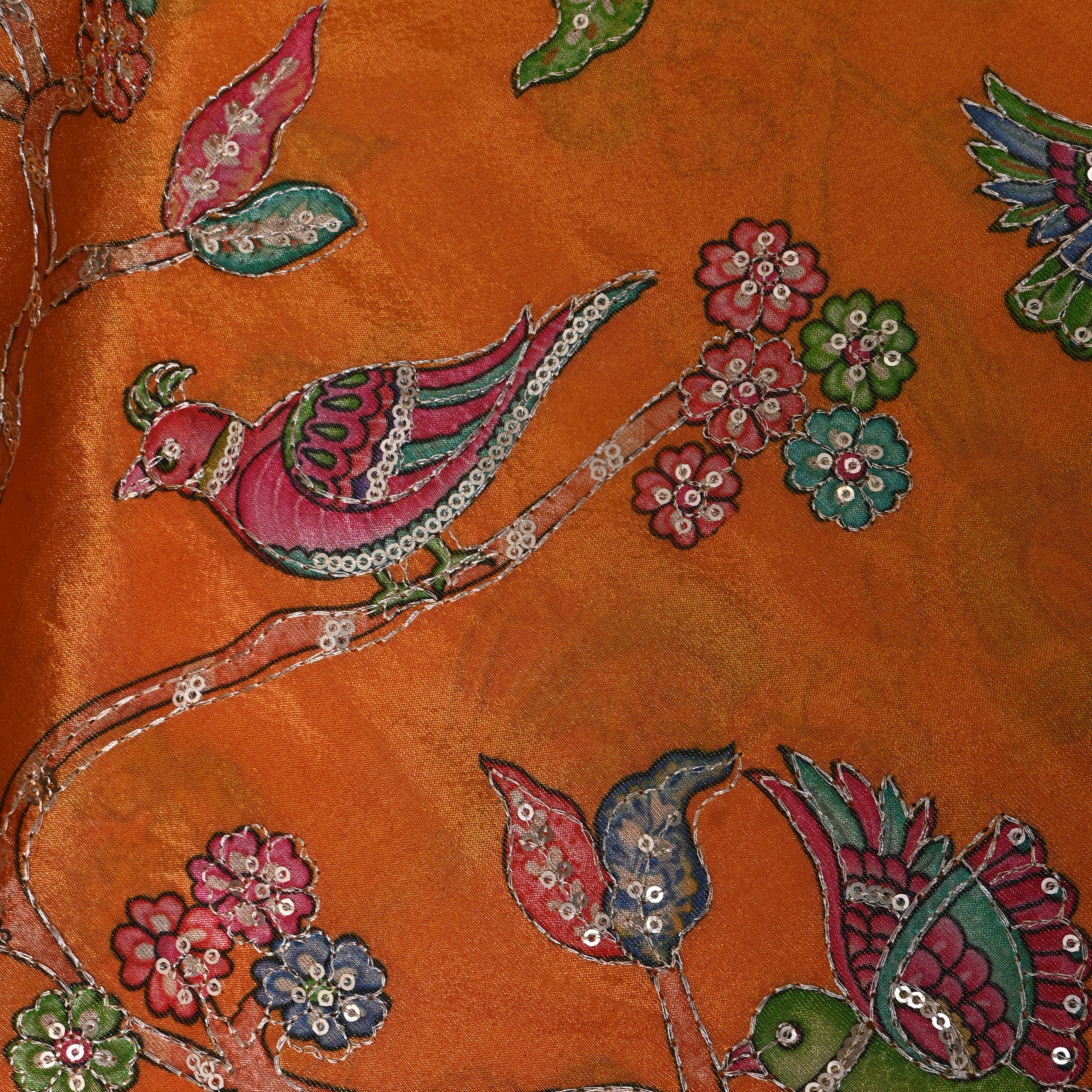 Rust Orange Bird Floral Sequin Embroidery Tissue Fabric