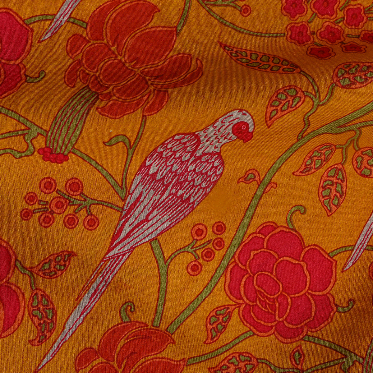 Saffron Parrot Rose Print Silk Fabric