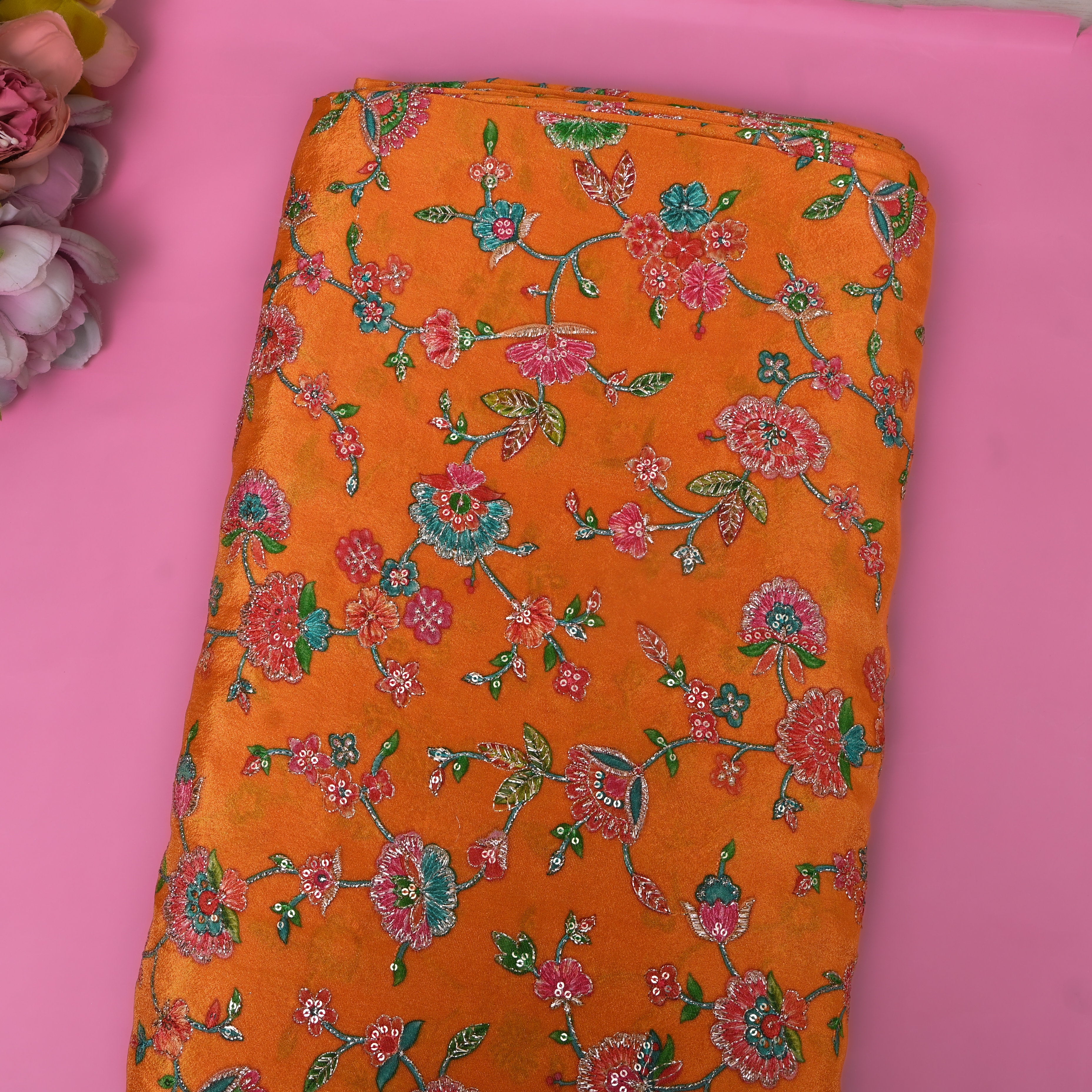 Rust Orange Pink Floral Sequin Embroidery Tissue Fabric