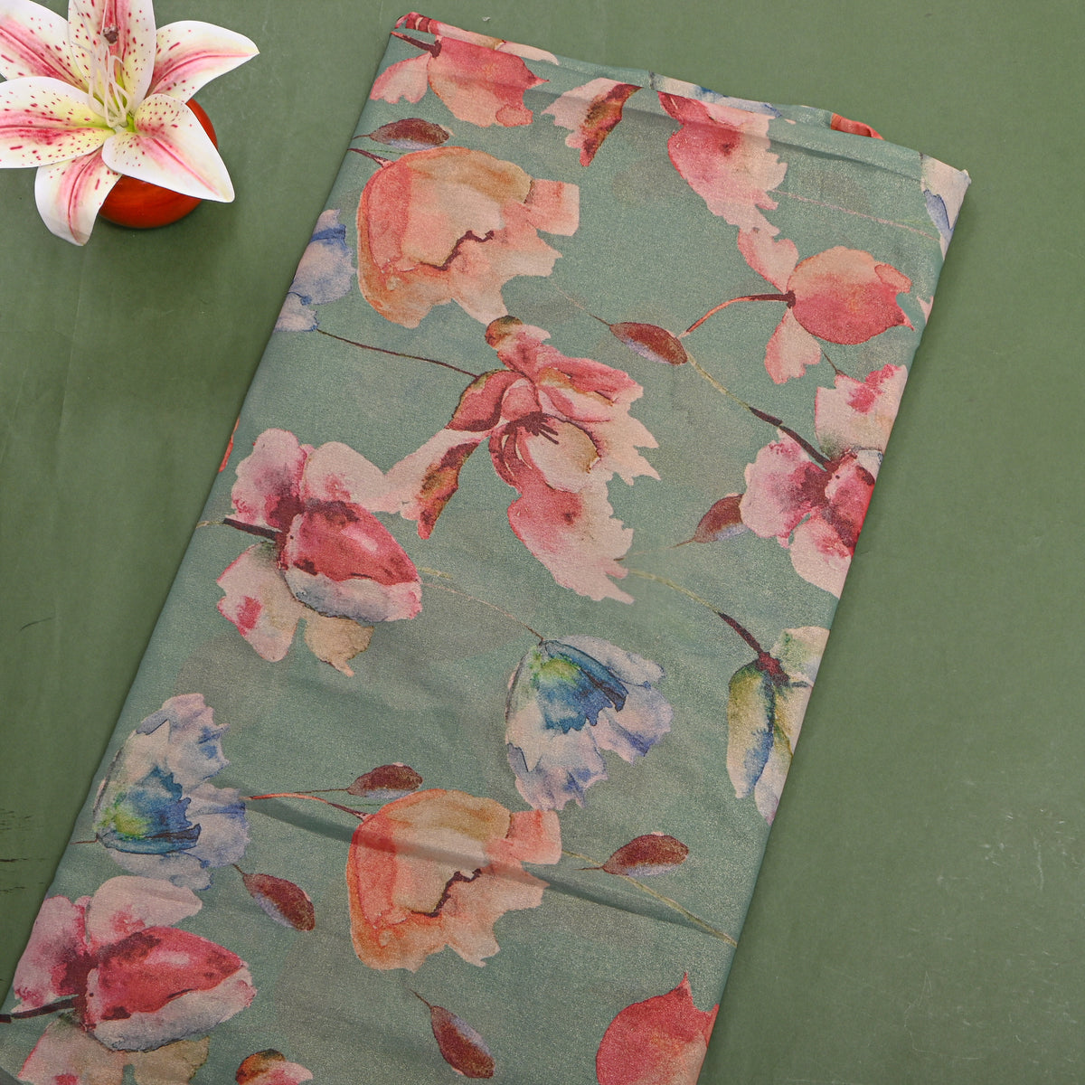 Sage Green Watercolour Floral Print Tissue Fabric