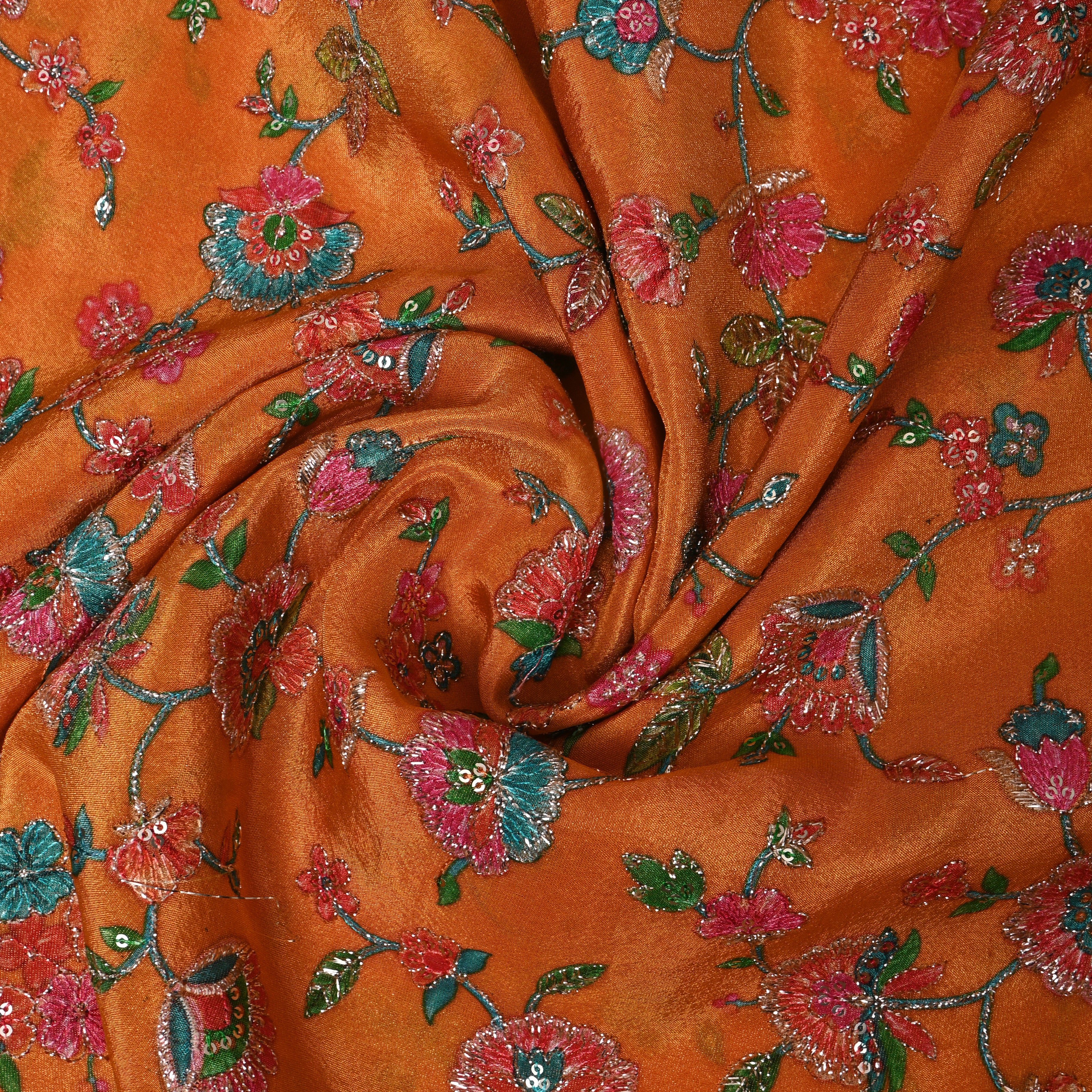 Rust Orange Pink Floral Sequin Embroidery Tissue Fabric