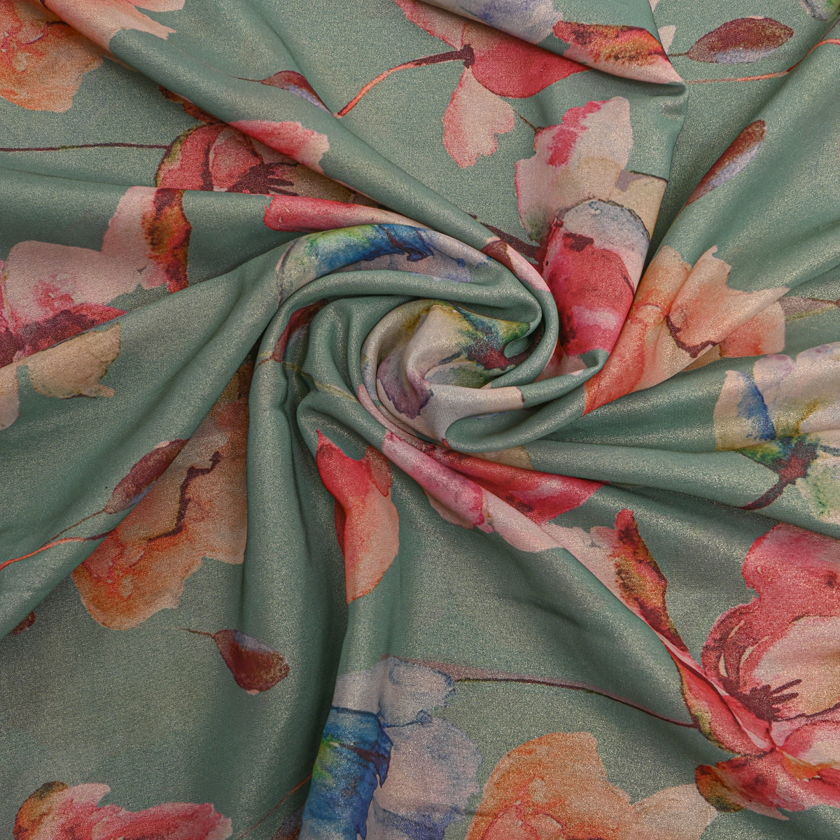 Sage Green Watercolour Floral Print Tissue Fabric