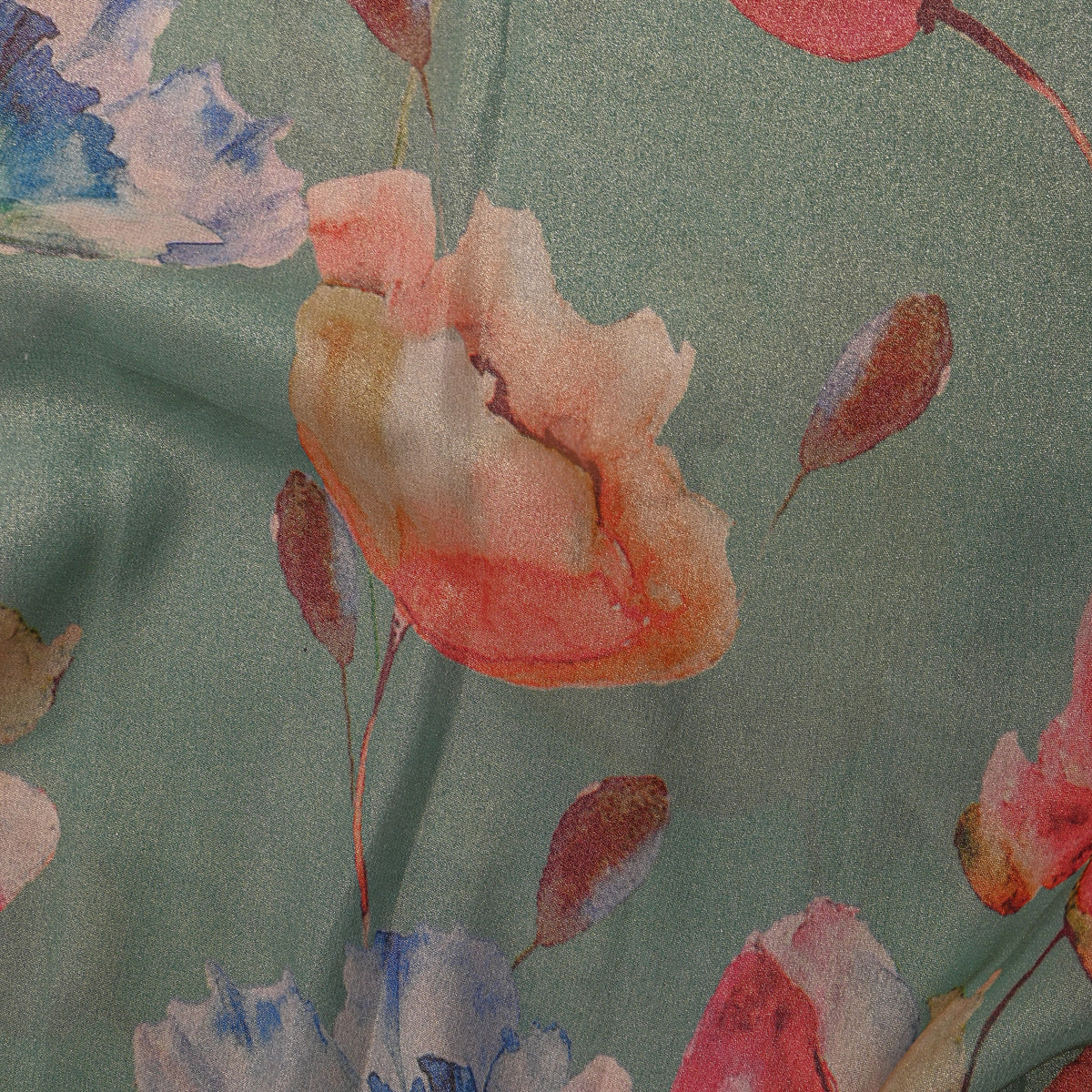 Sage Green Watercolour Floral Print Tissue Fabric