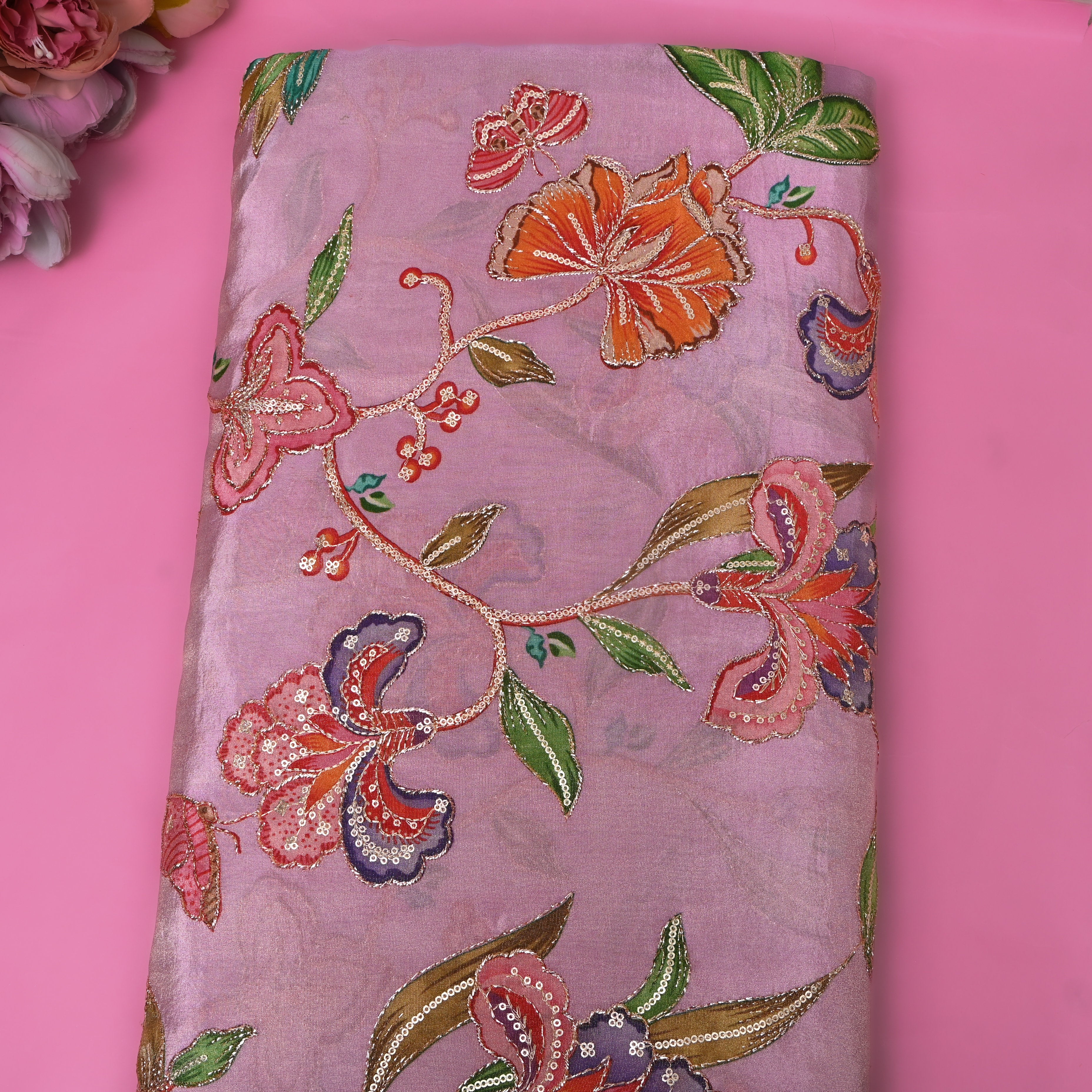 Orchid Pink Multicolour Floral Sequin Embroidery Fabric