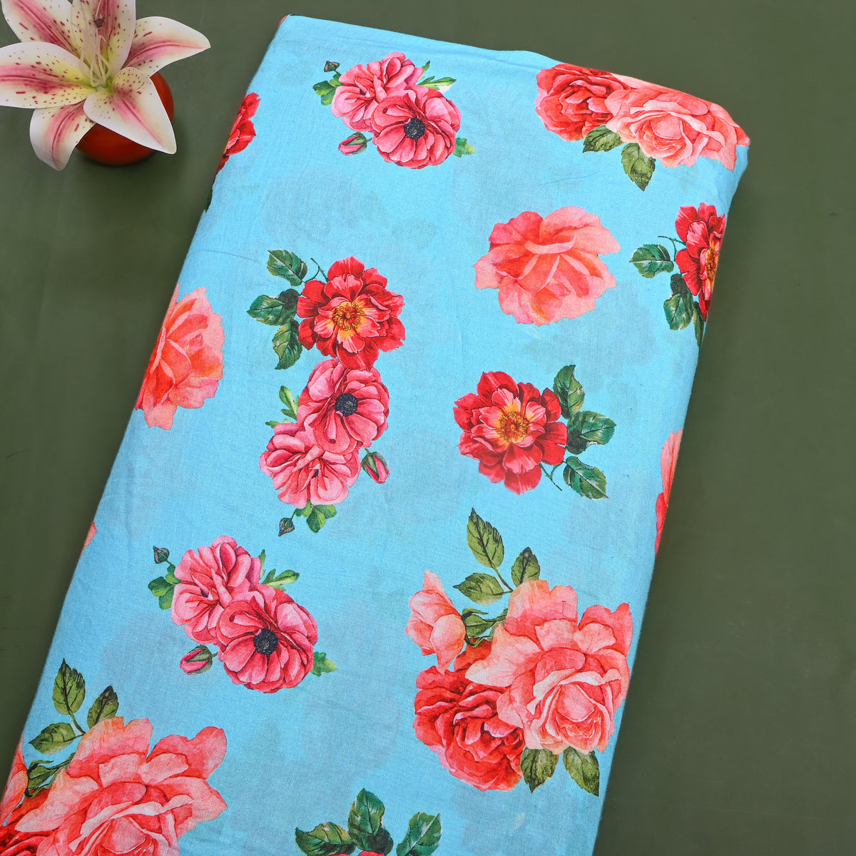 Sky Blue Rose Bunch Print Satin Fabric