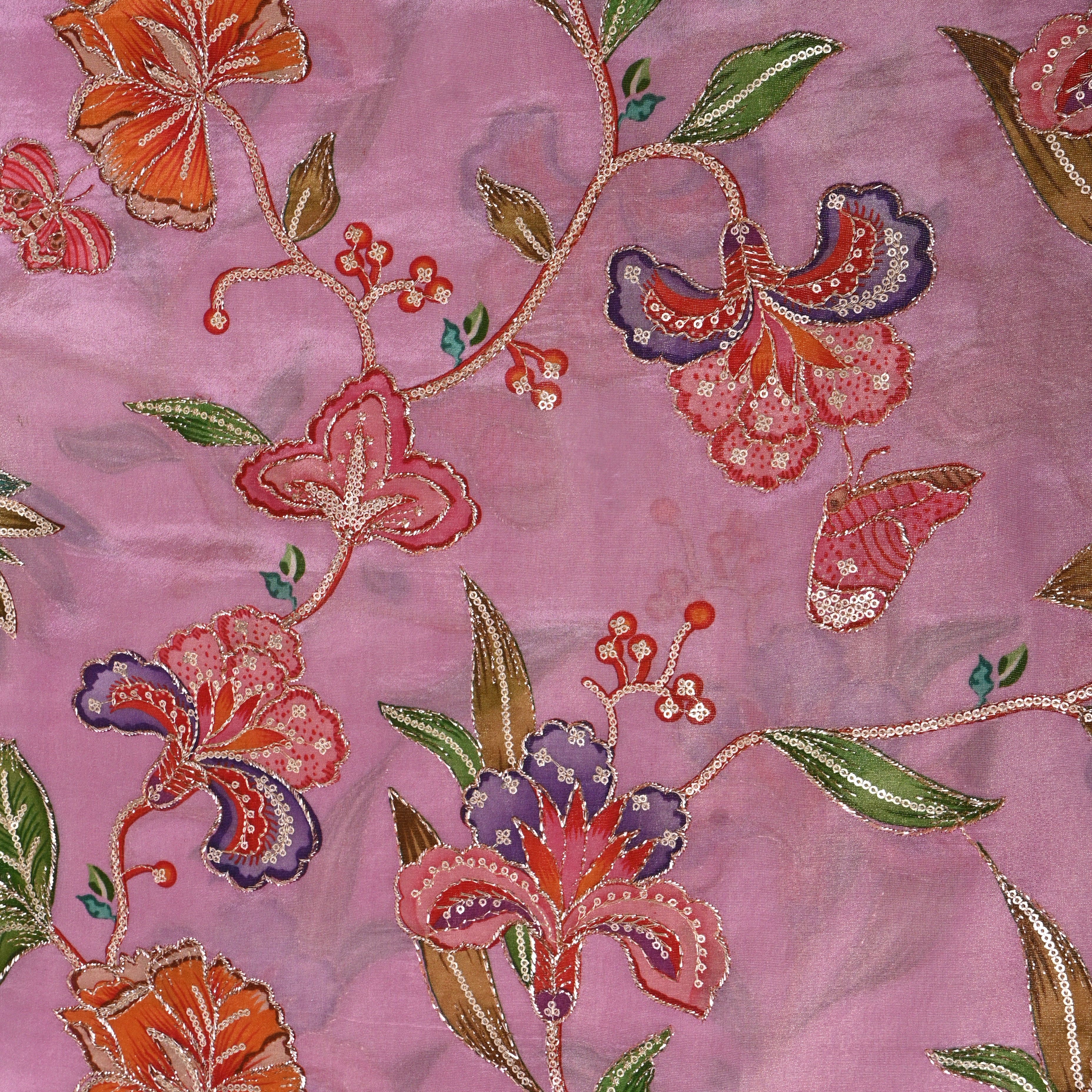 Orchid Pink Multicolour Floral Sequin Embroidery Fabric
