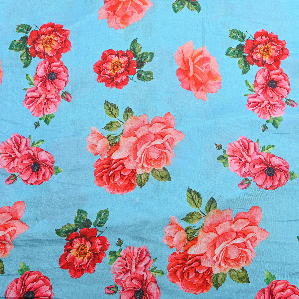 Sky Blue Rose Bunch Print Satin Fabric