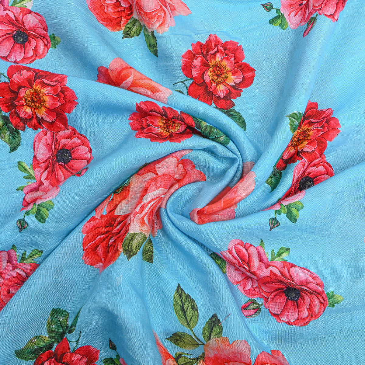 Sky Blue Rose Bunch Print Satin Fabric