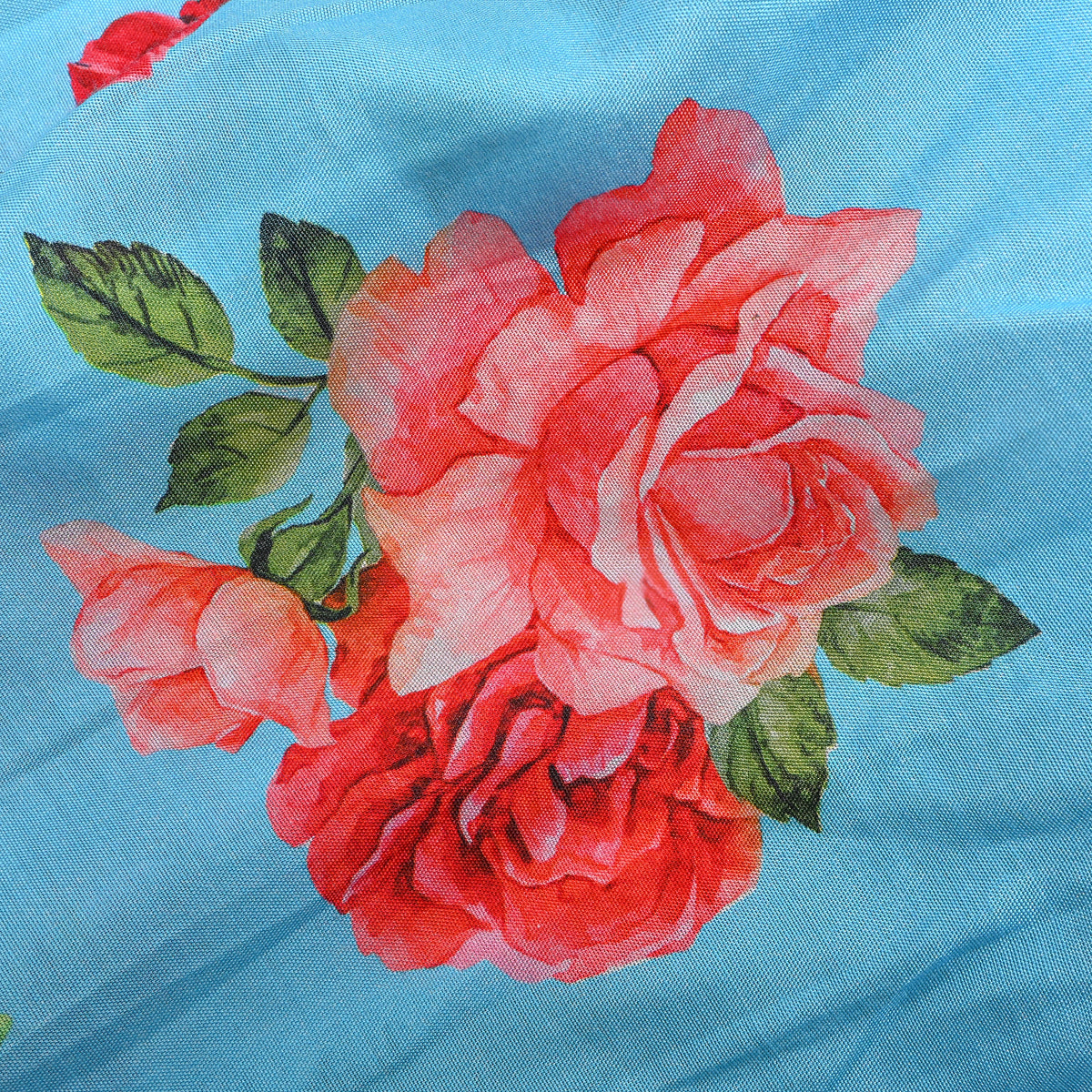 Sky Blue Rose Bunch Print Satin Fabric