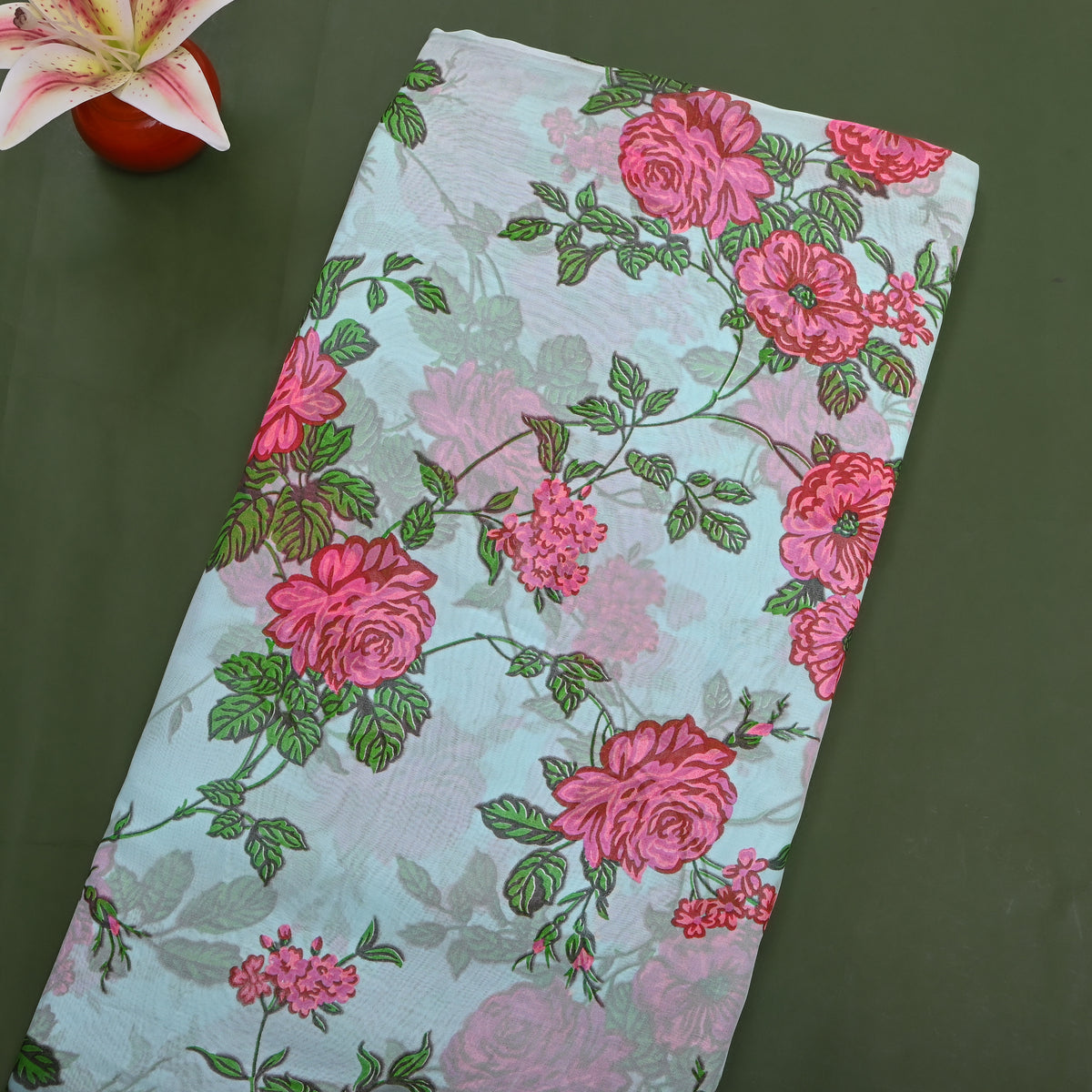 Aqua Blue Floral Print Chiffon Fabric
