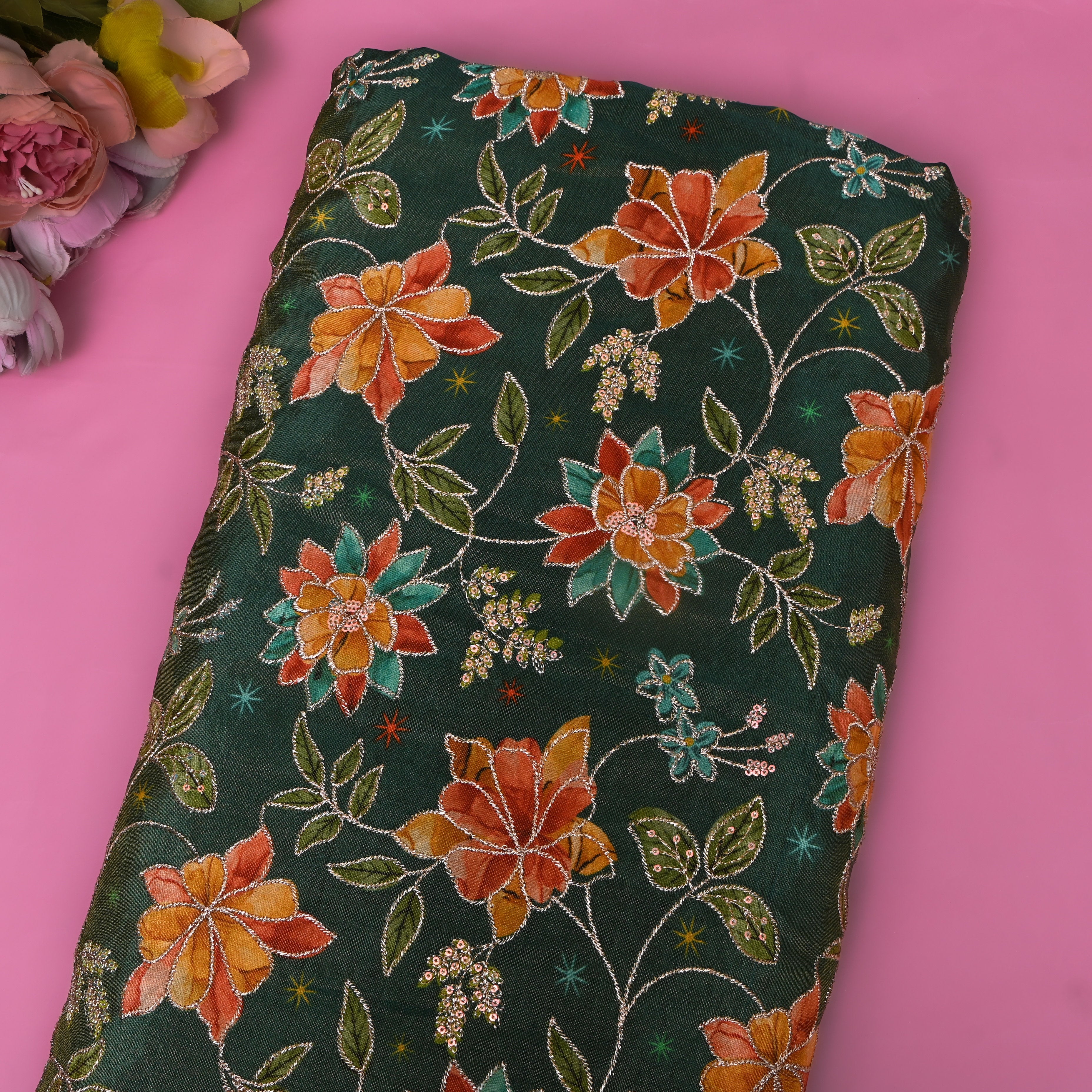Bottle Green Floral Appliqué Organza Fabric
