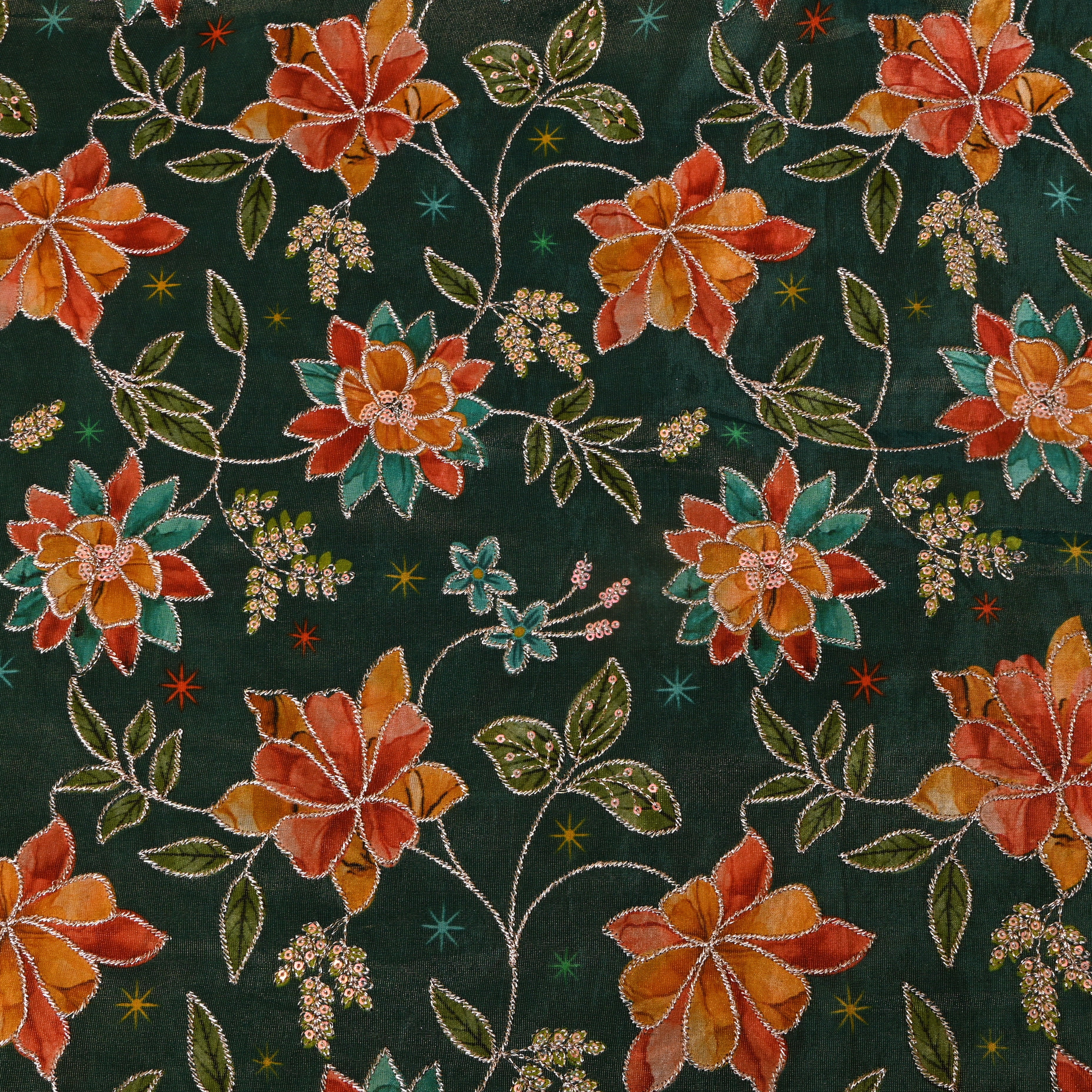 Bottle Green Floral Appliqué Organza Fabric