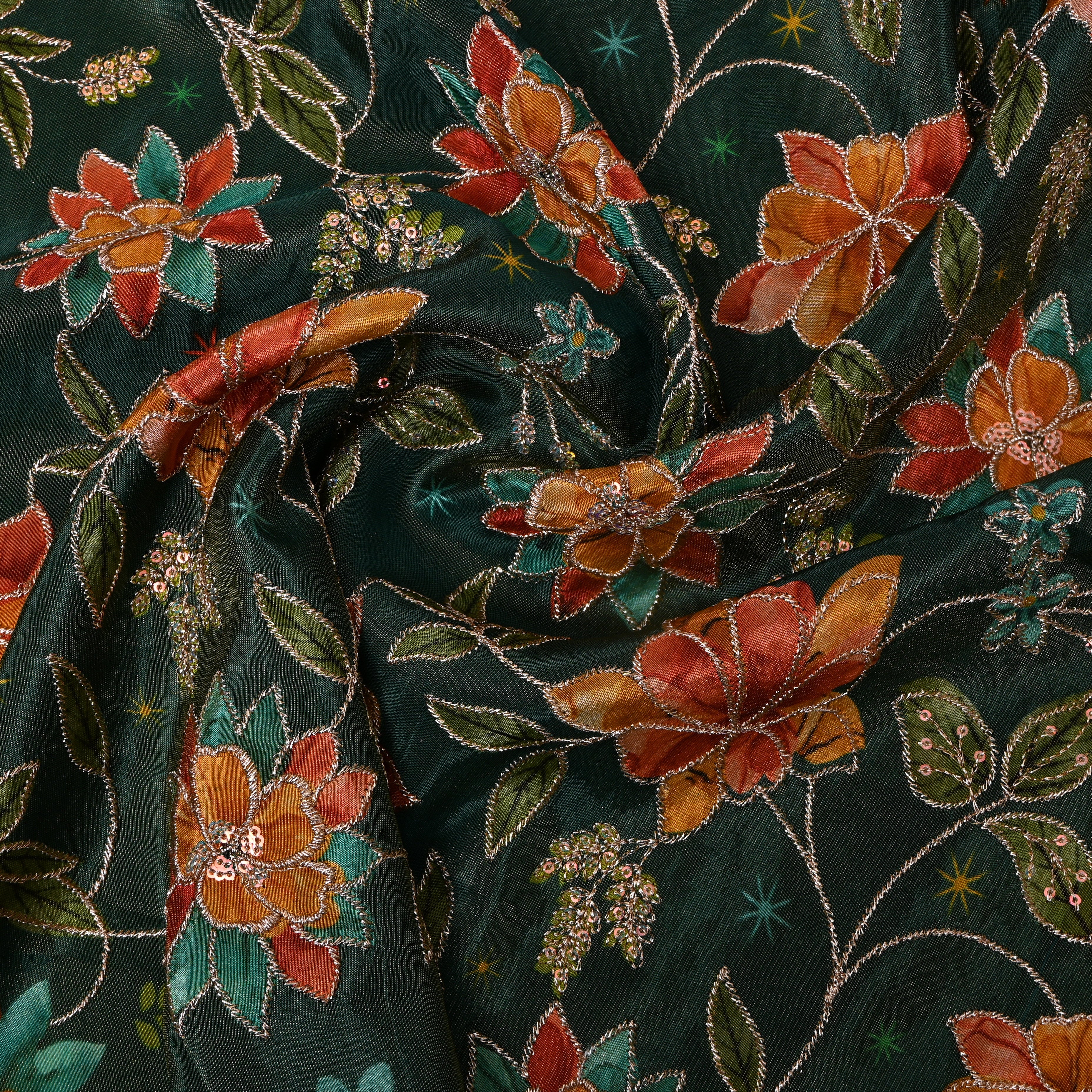 Bottle Green Floral Appliqué Organza Fabric