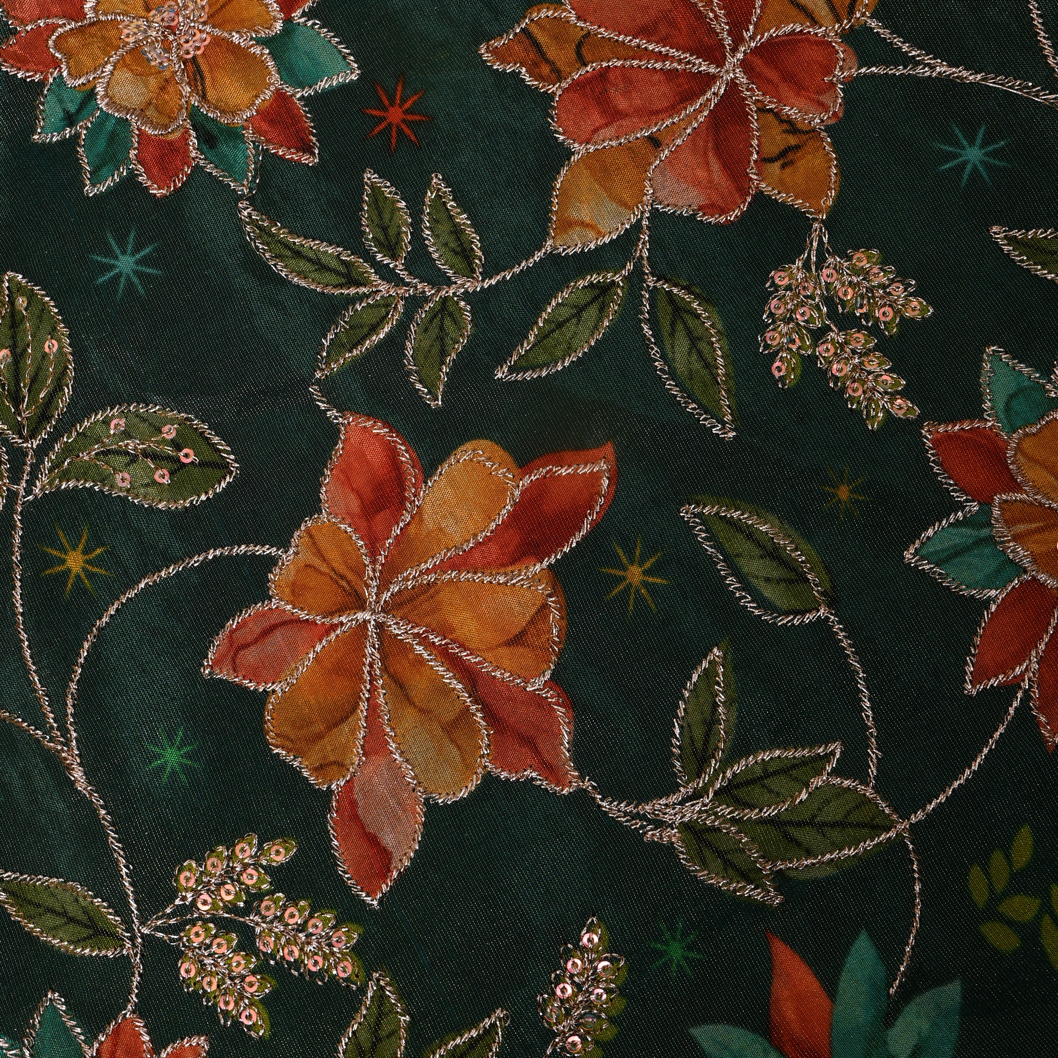 Bottle Green Floral Appliqué Organza Fabric