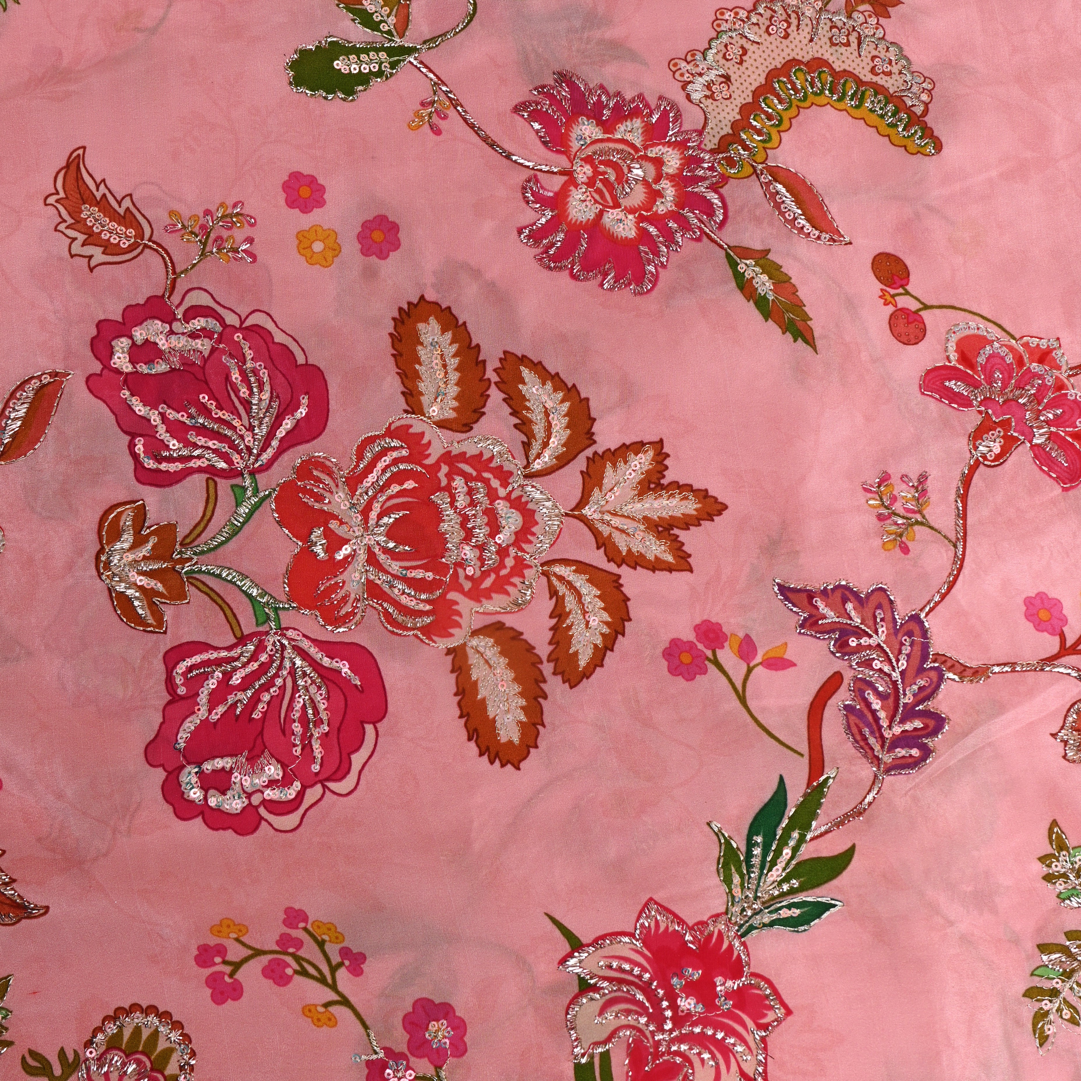 Blush Pink Multicolour Floral Sequin Embroidery Fabric