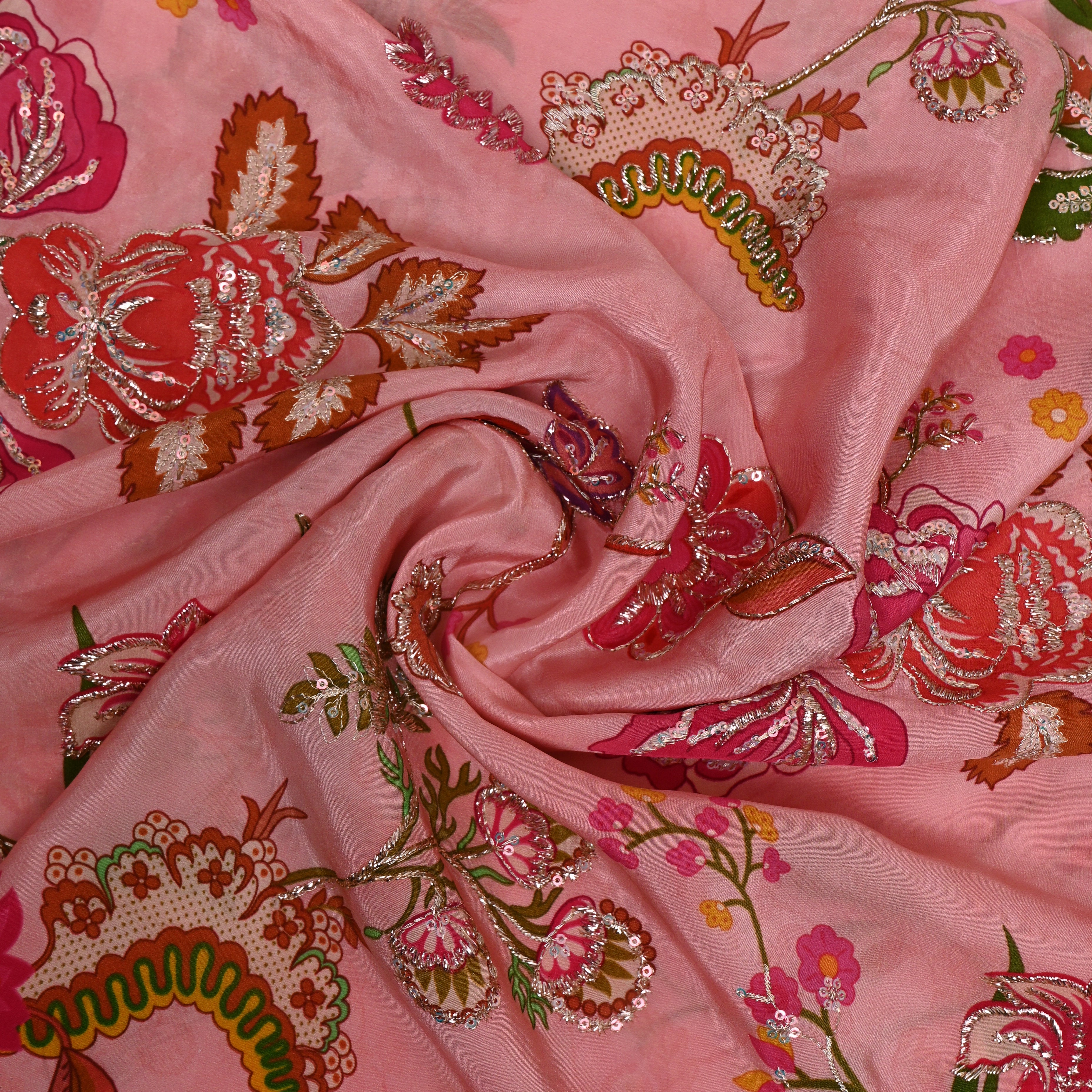 Blush Pink Multicolour Floral Sequin Embroidery Fabric