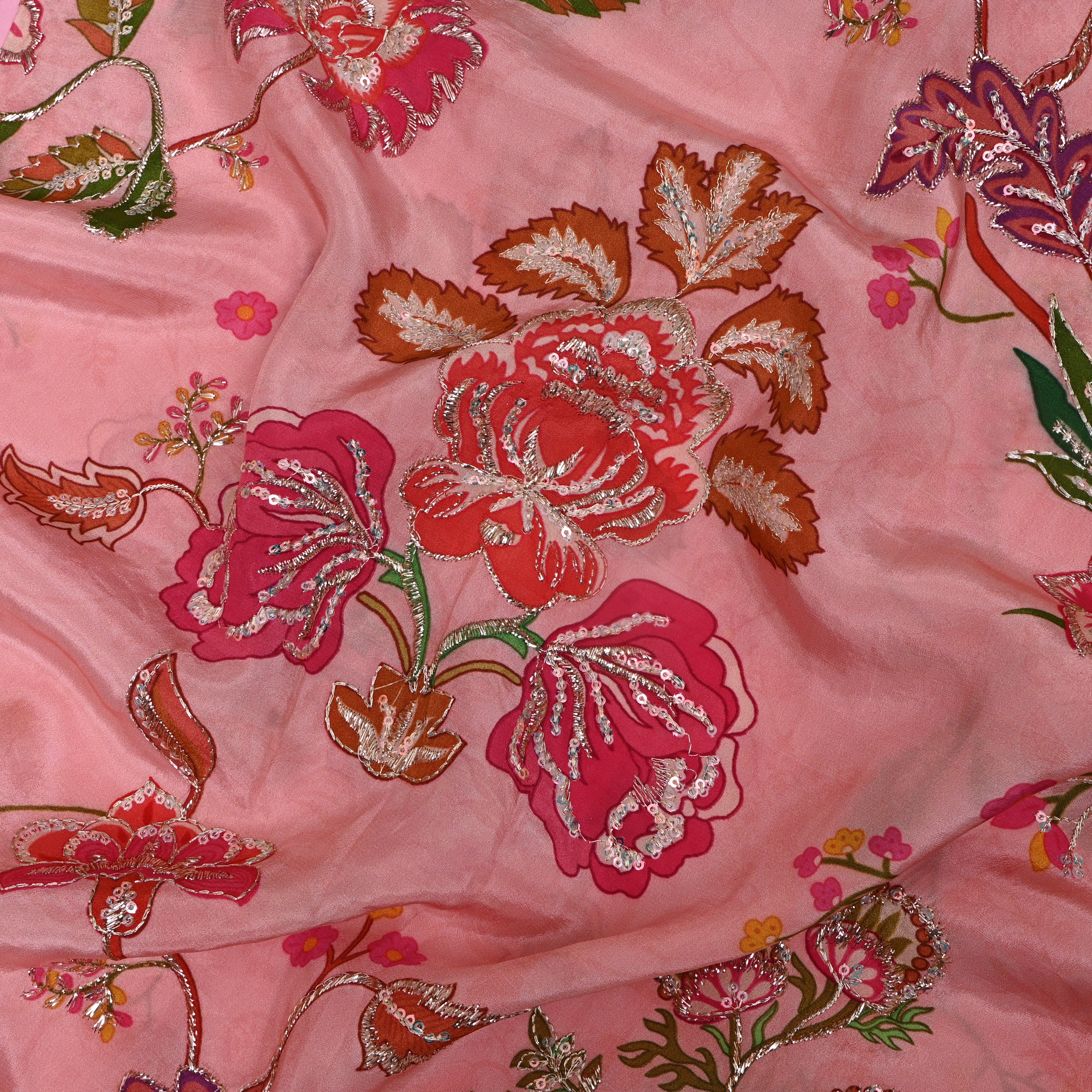 Blush Pink Multicolour Floral Sequin Embroidery Fabric