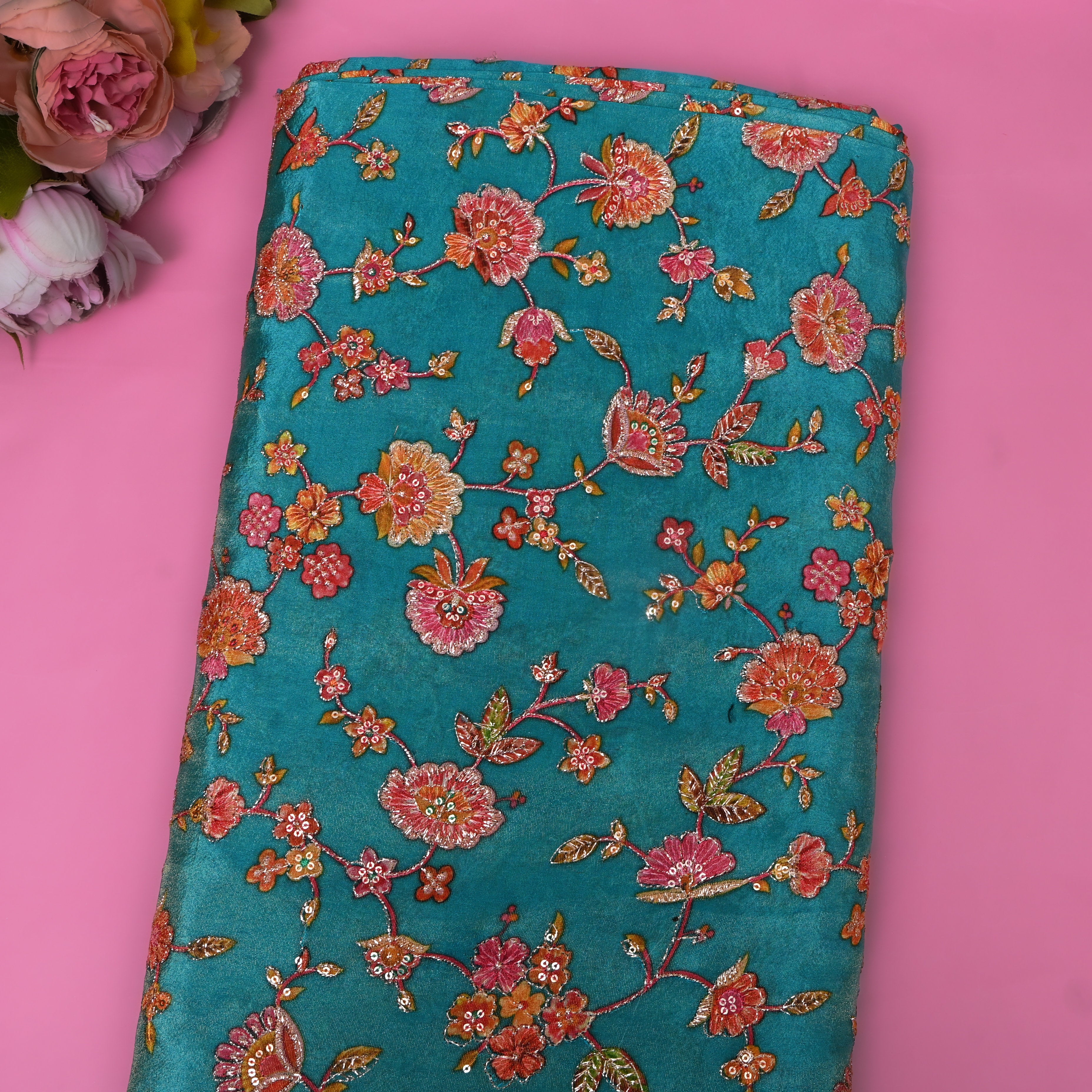 Teal Rust Floral Sequin Embroidery Tissue Fabric