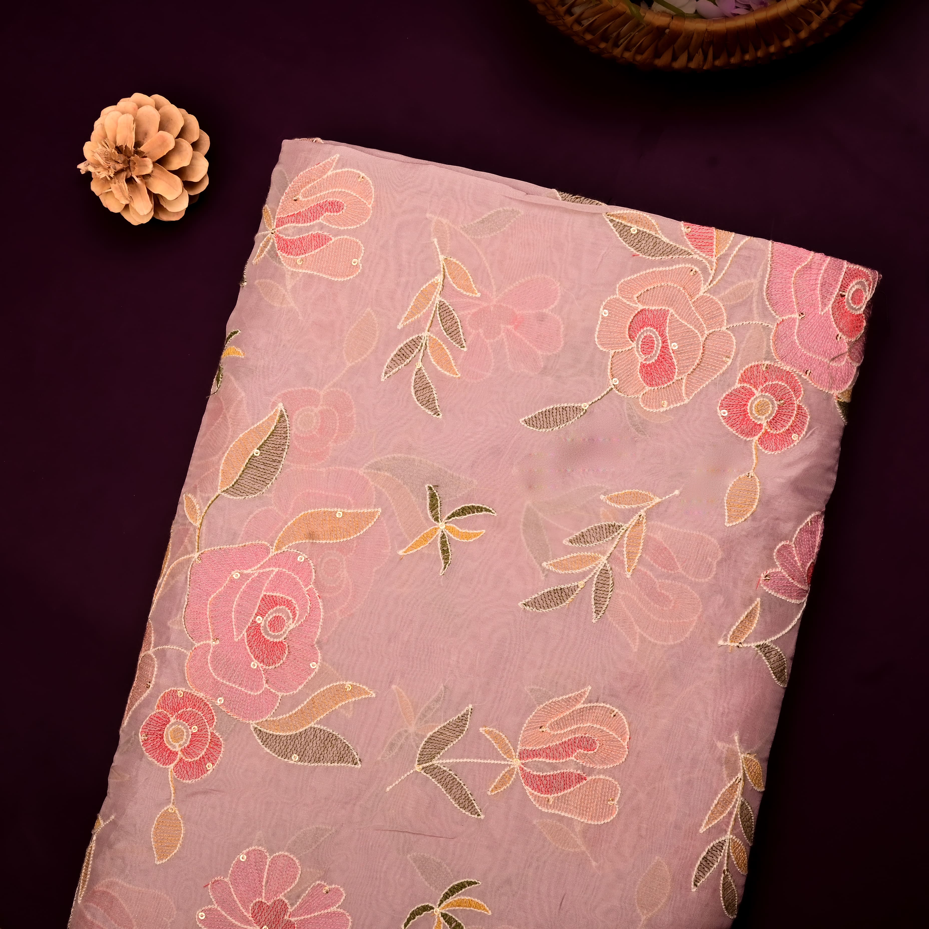 Soft Pink Organza Fabric With Embroidery