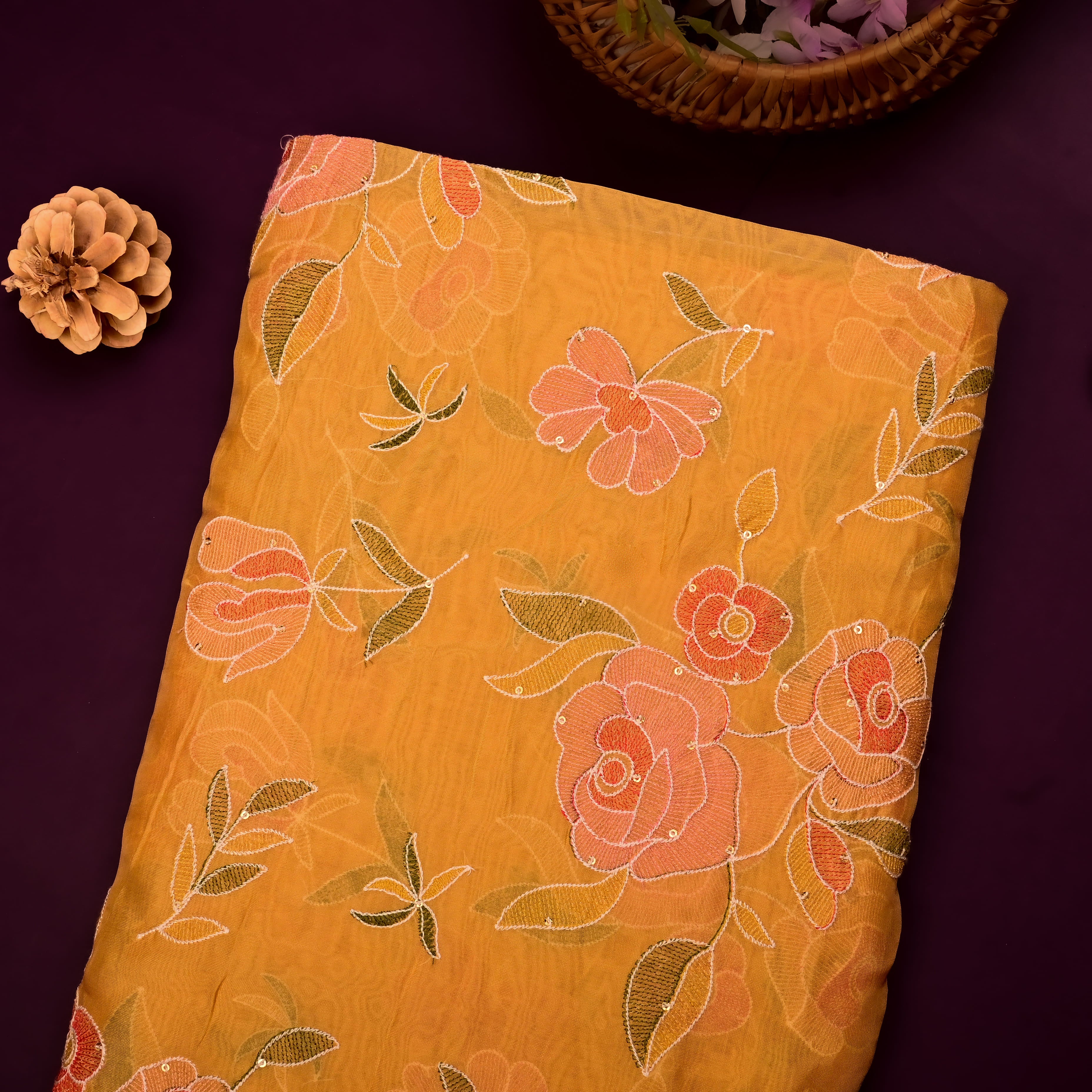 Gamboge Yellow Organza Fabric With Embroidery