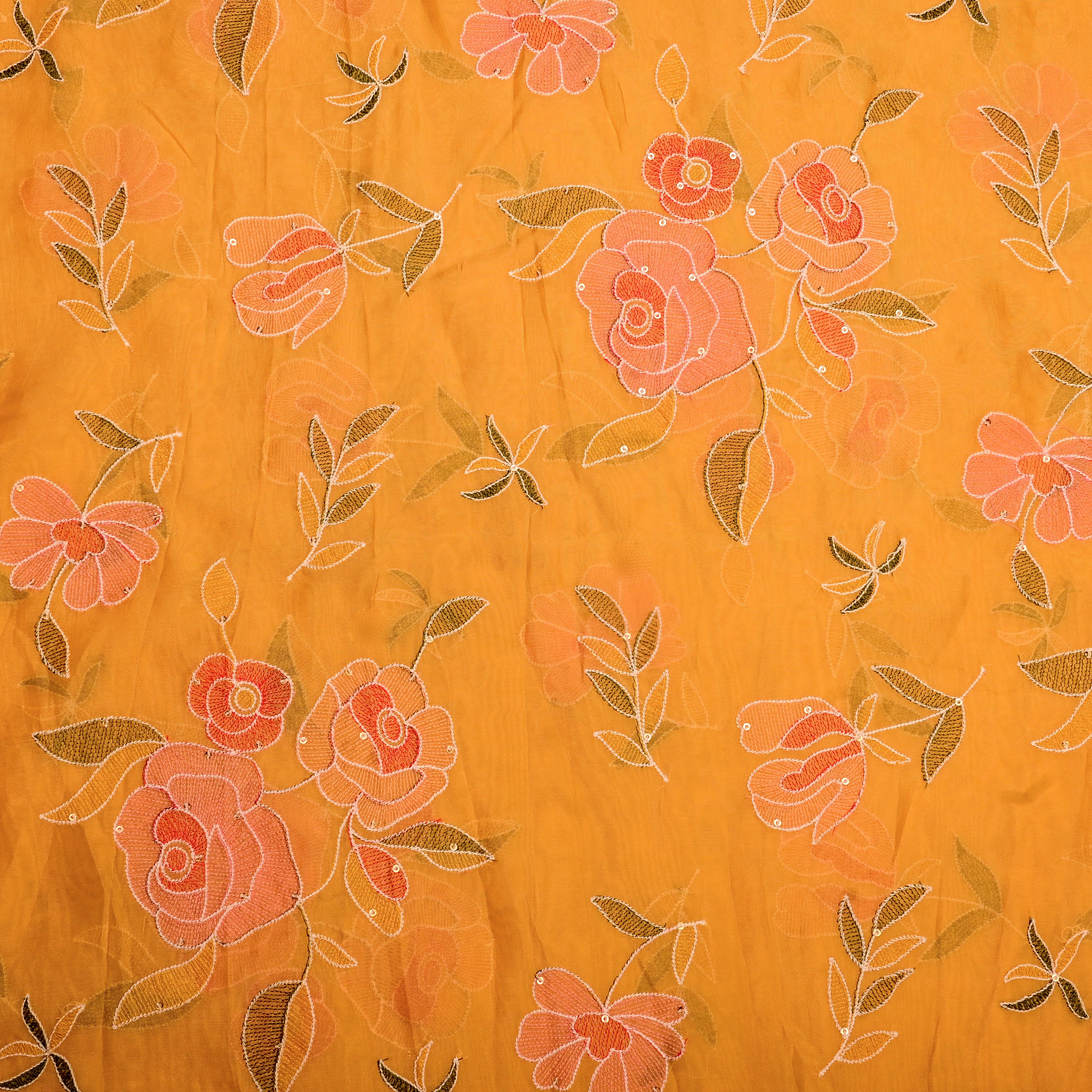 Gamboge Yellow Organza Fabric With Embroidery